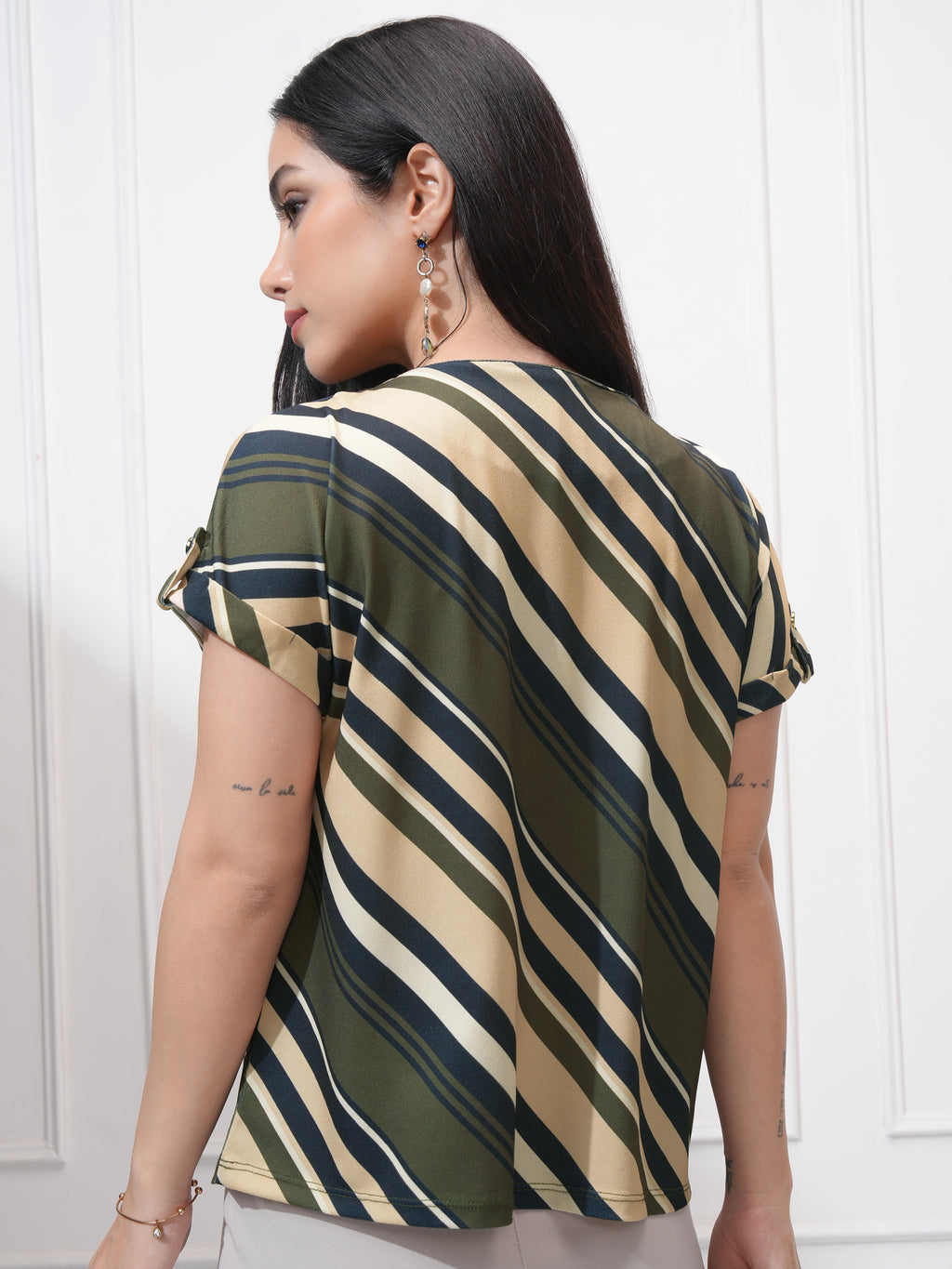 Tokyo Talkies Women Olive Striped Regular Top - Olive - Image 3