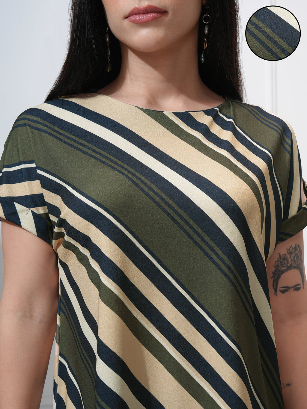 Tokyo Talkies Women Olive Striped Regular Top - Olive - Image 5