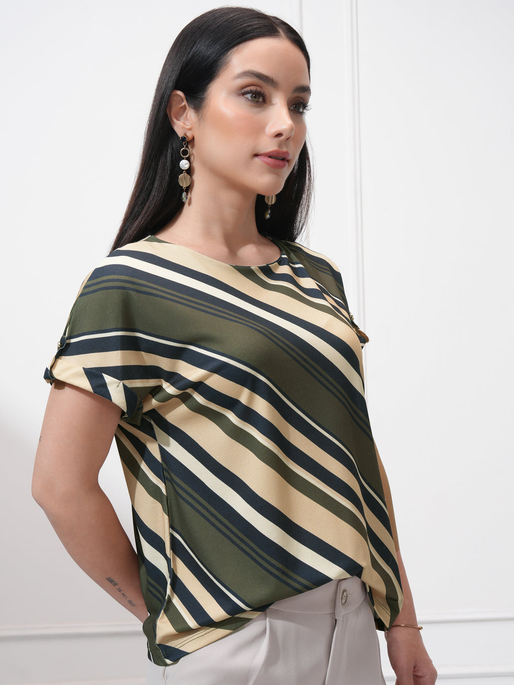 Tokyo Talkies Women Olive Striped Regular Top - Olive - Image 6