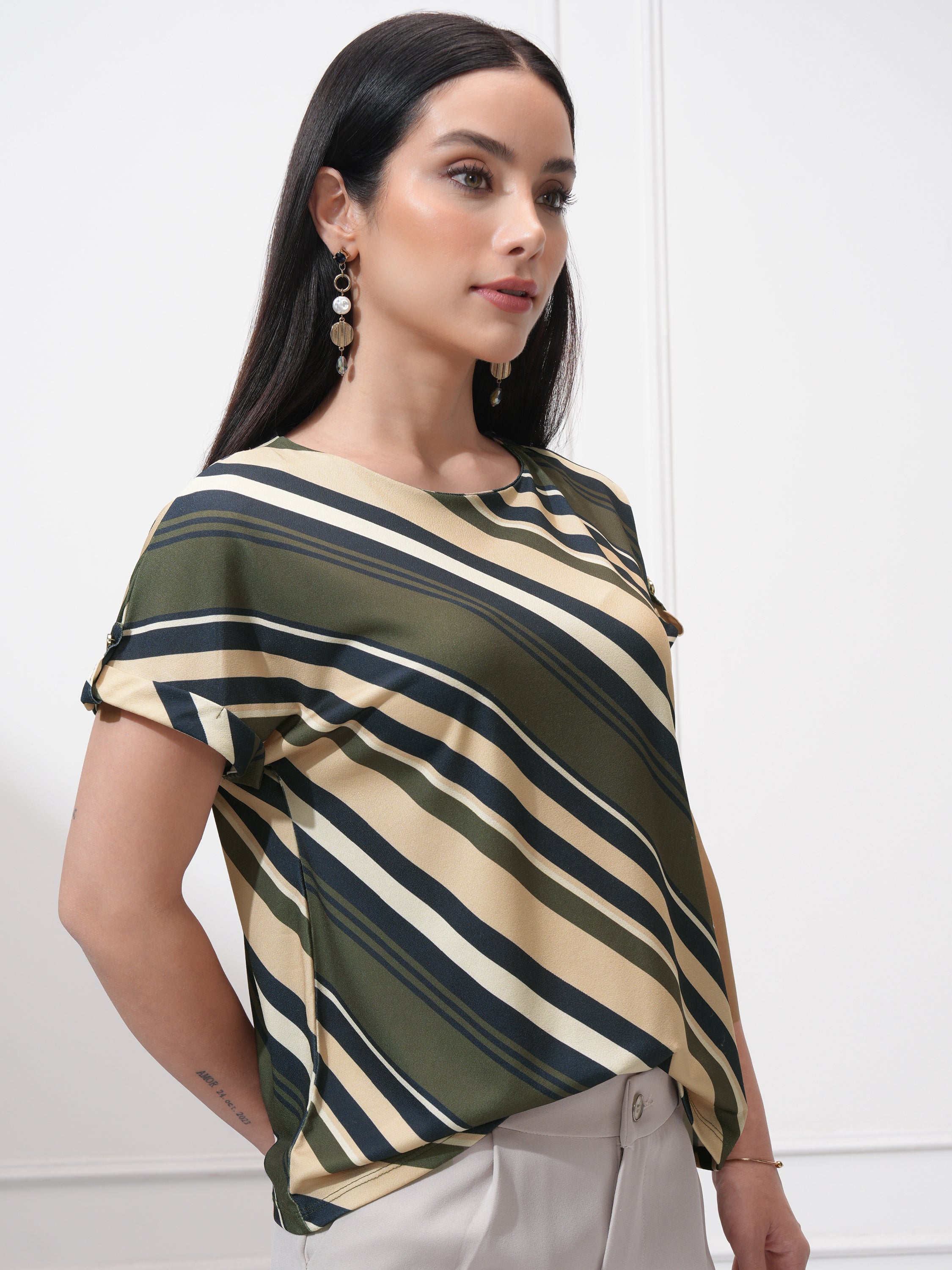 Tokyo Talkies Women Olive Striped Regular Top - Olive - Image 6