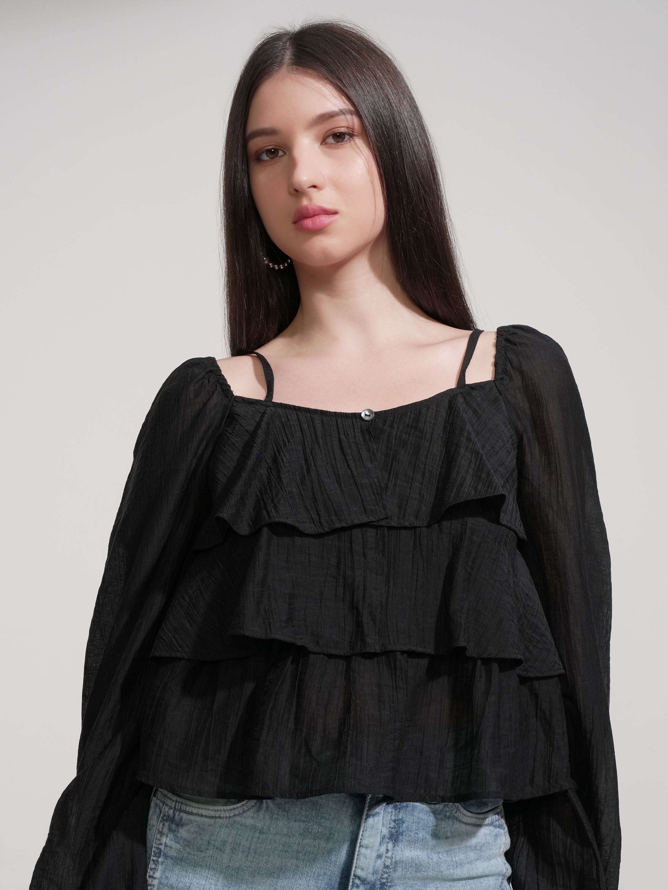 Tokyo Talkies Women Black Solid Regular Top - Black - Image 1