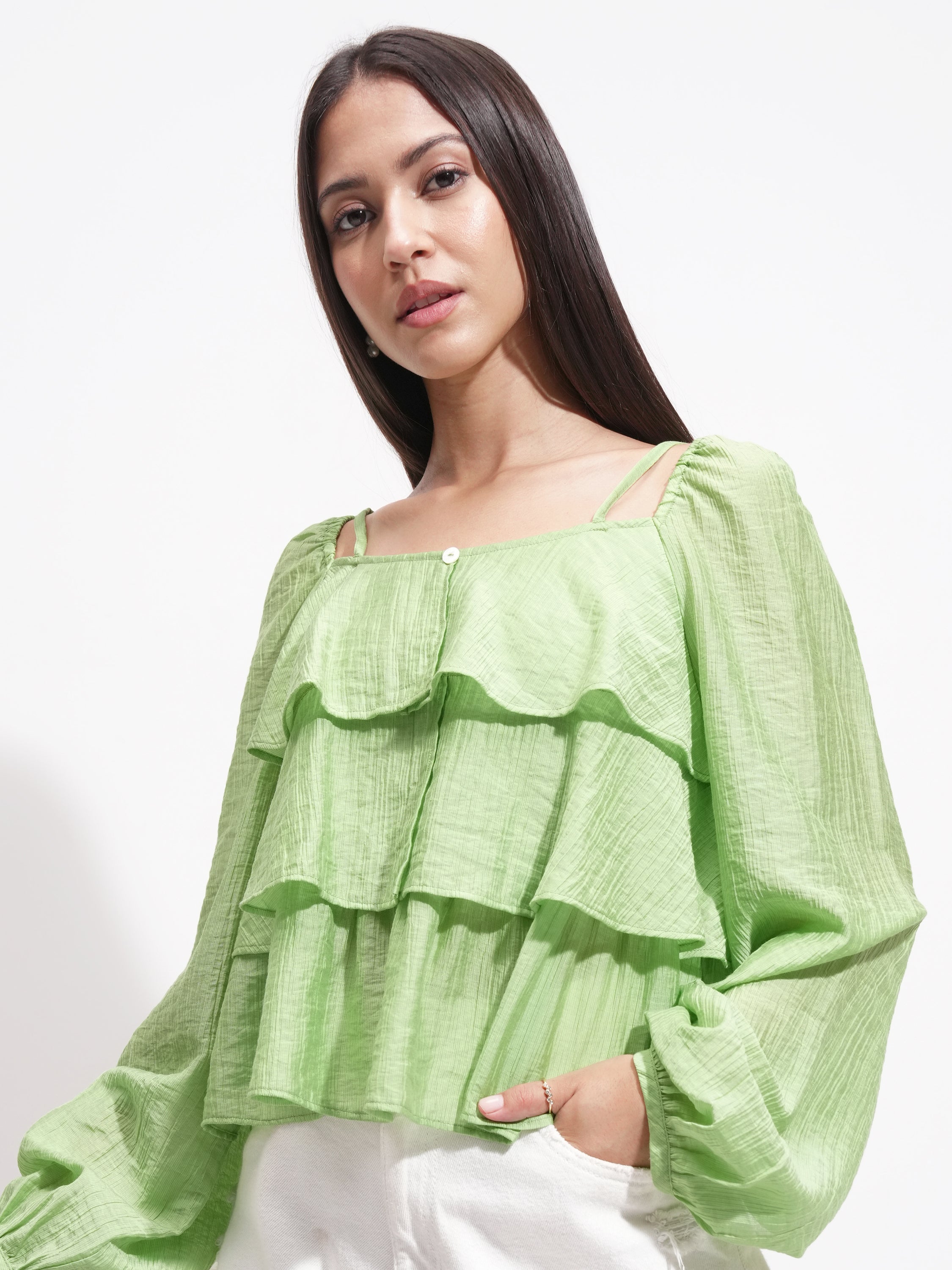 Tokyo Talkies Women Green Solid Regular Top - Green - Image 1