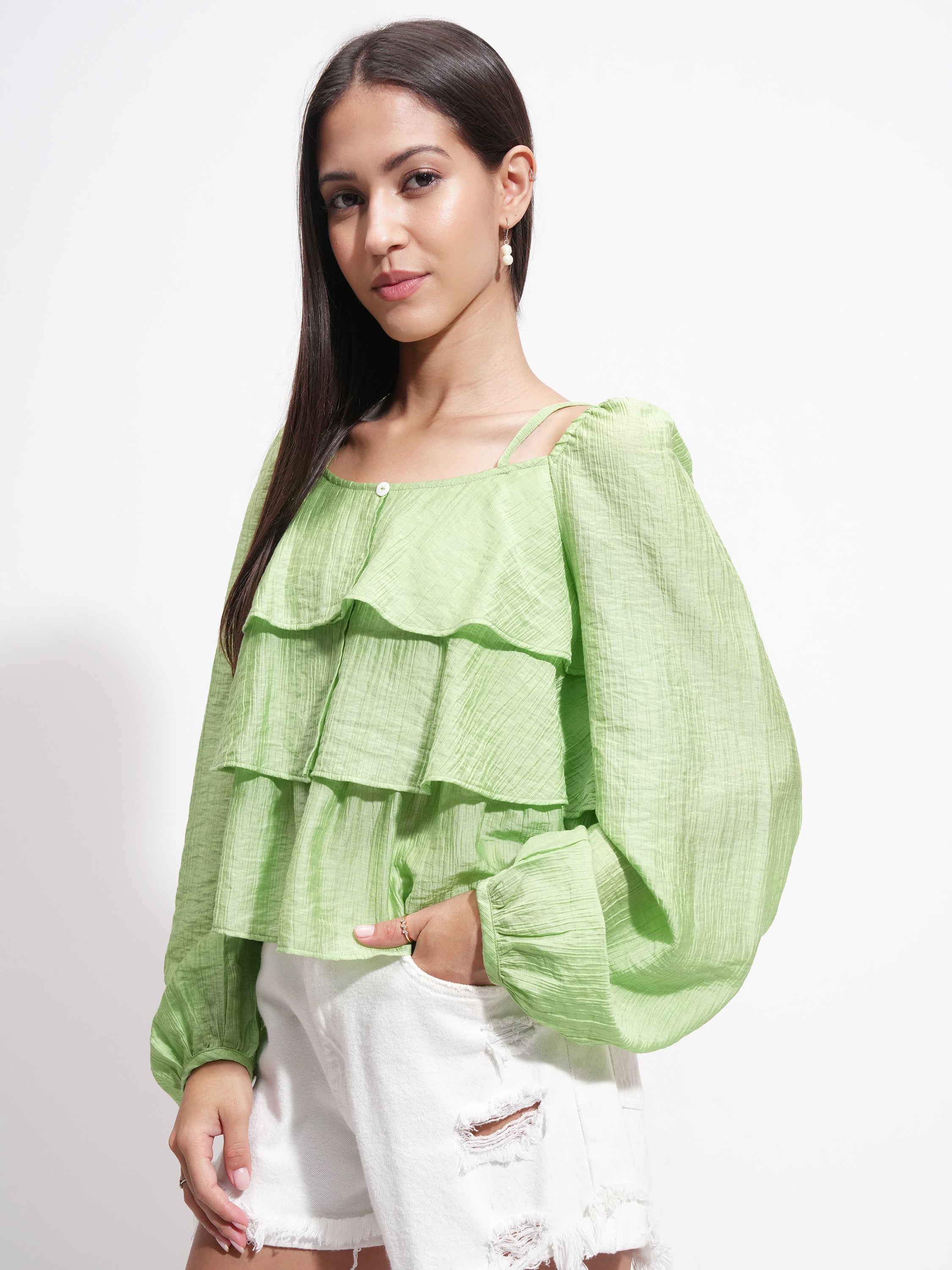 Tokyo Talkies Women Green Solid Regular Top - Green - Image 4