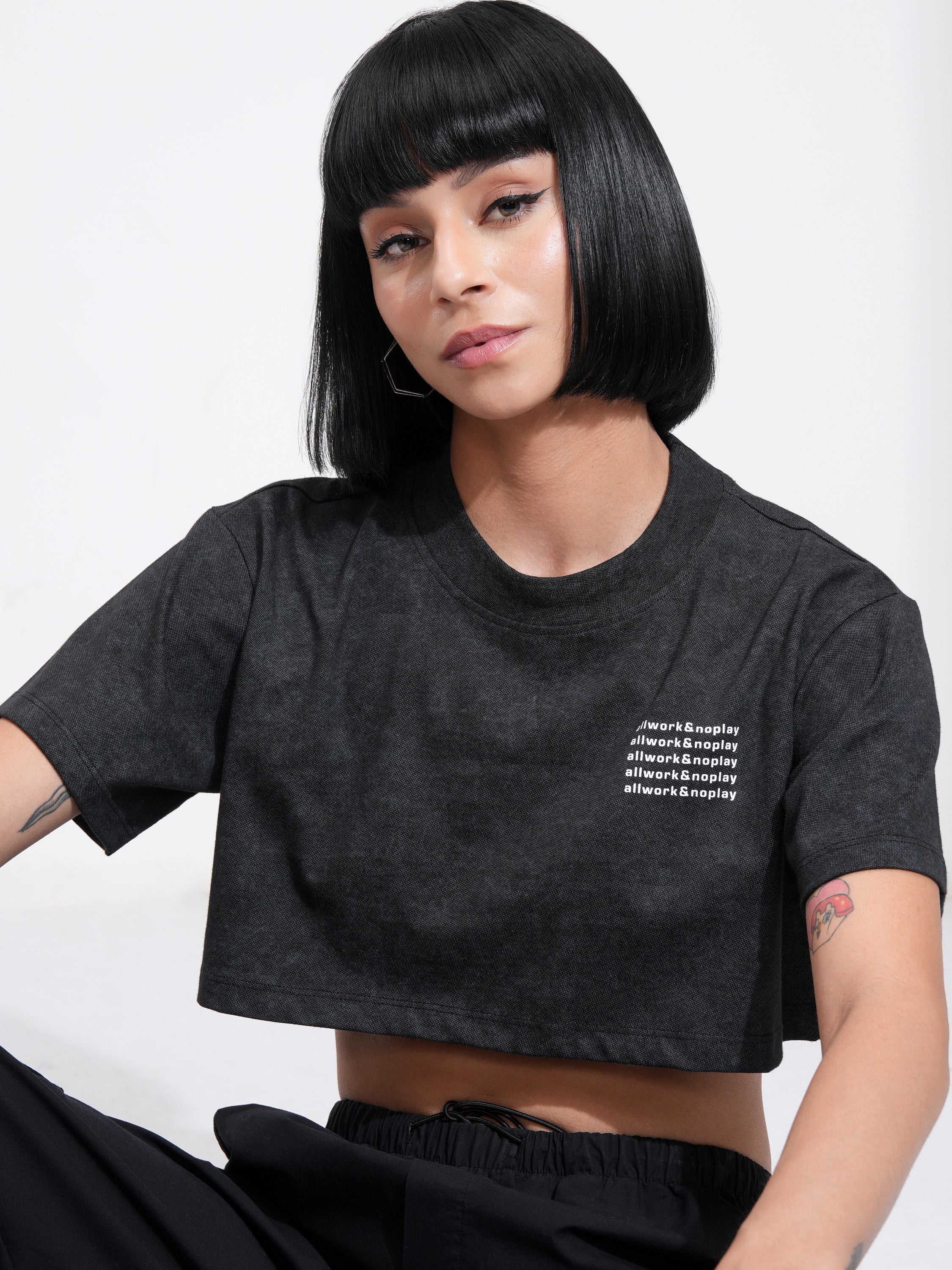 Tokyo Talkies Women Black Printed Regular Top - Black - Image 1