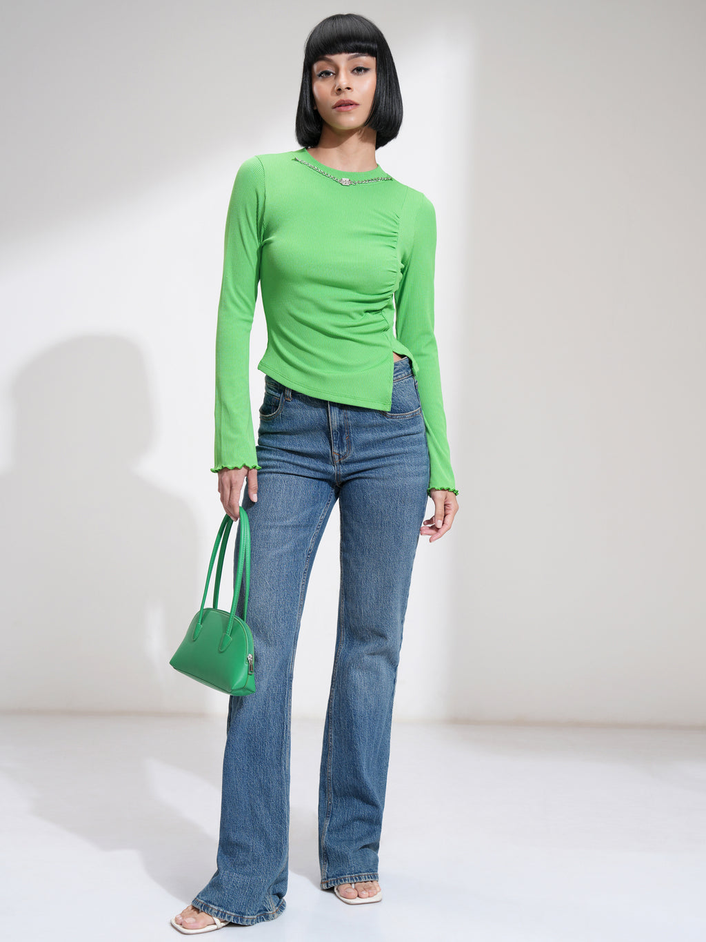 Tokyo Talkies Women Green Solid Fitted Top - Green - Image 2