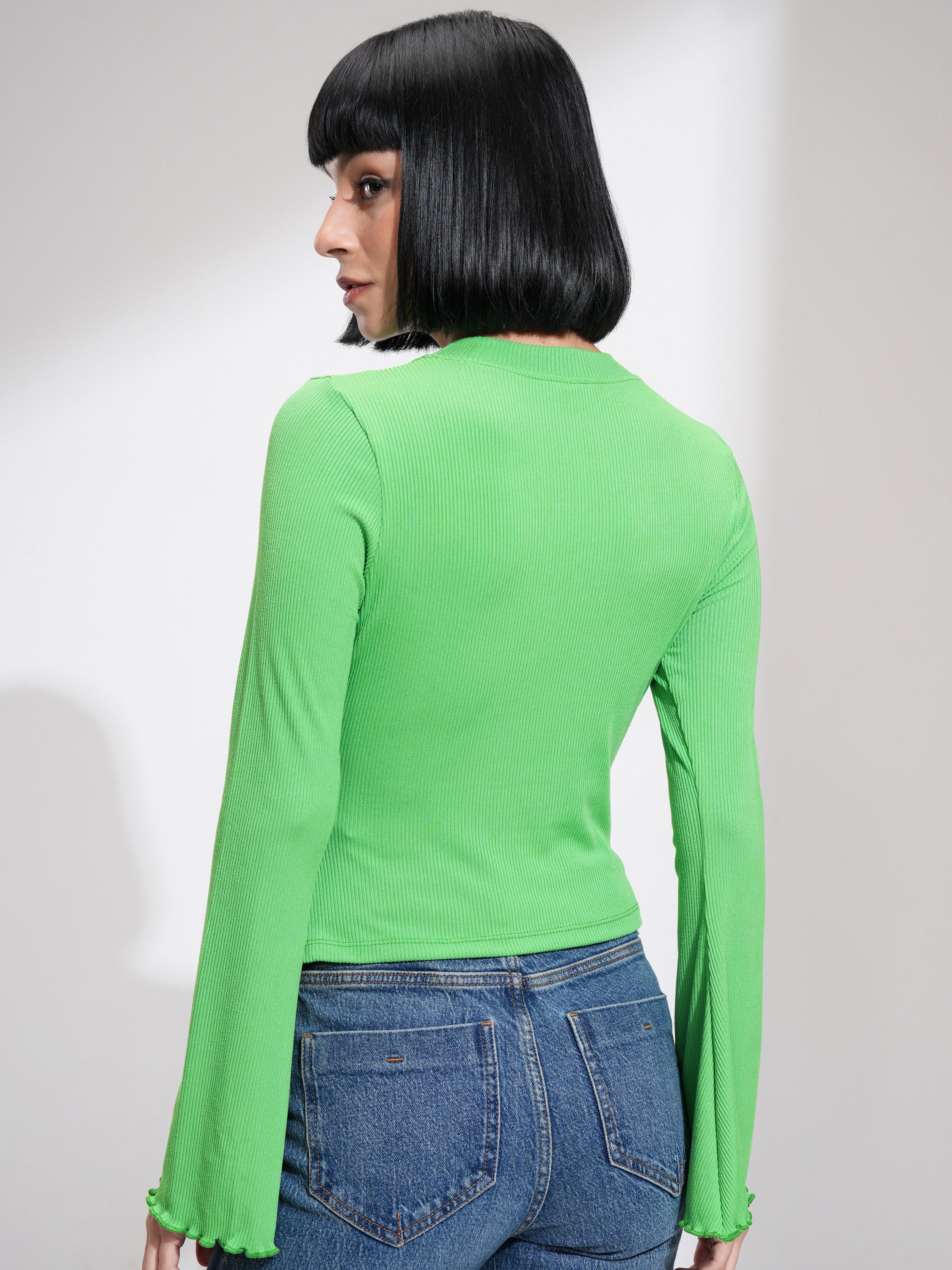 Tokyo Talkies Women Green Solid Fitted Top - Green - Image 3