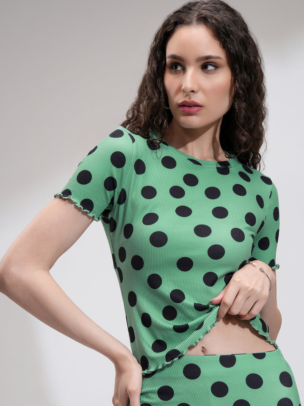 Tokyo Talkies Women Green Printed Fitted Top - Green - Image 1