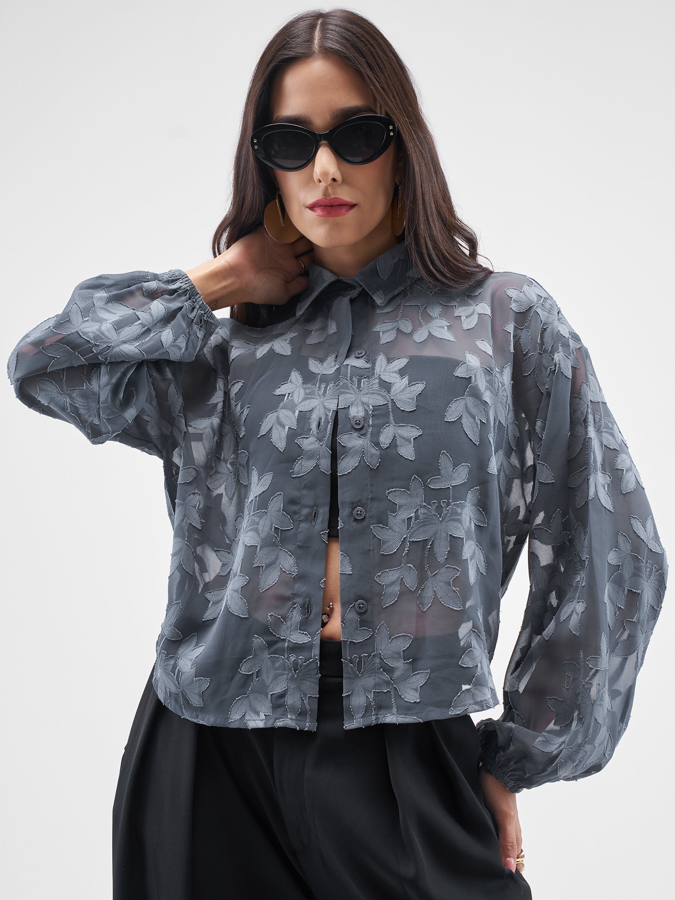 ESPYR By Tokyo Talkies Women Grey Embroidered Shirt Style Top - Grey - Image 1