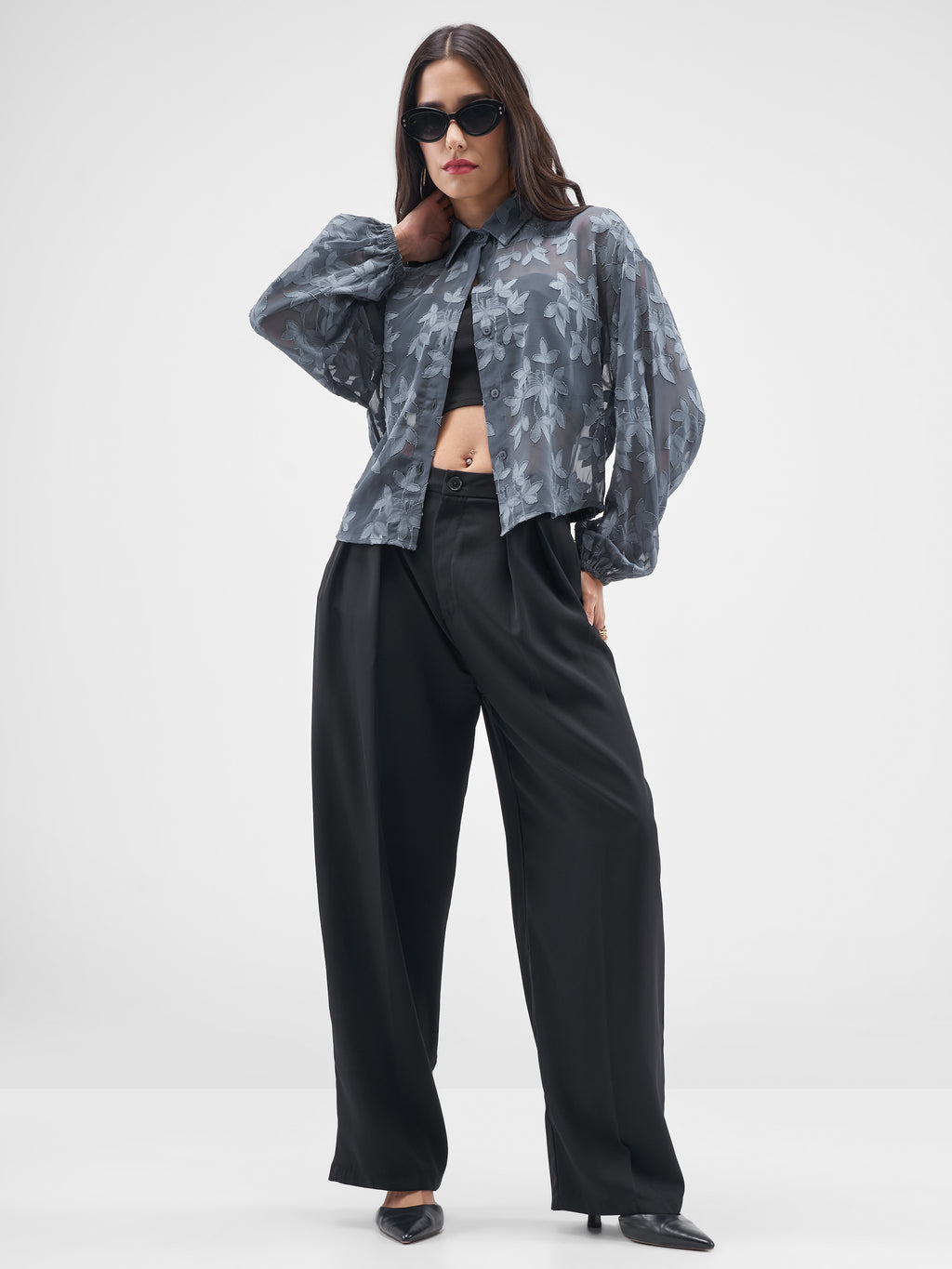 ESPYR By Tokyo Talkies Women Grey Embroidered Shirt Style Top - Grey - Image 2