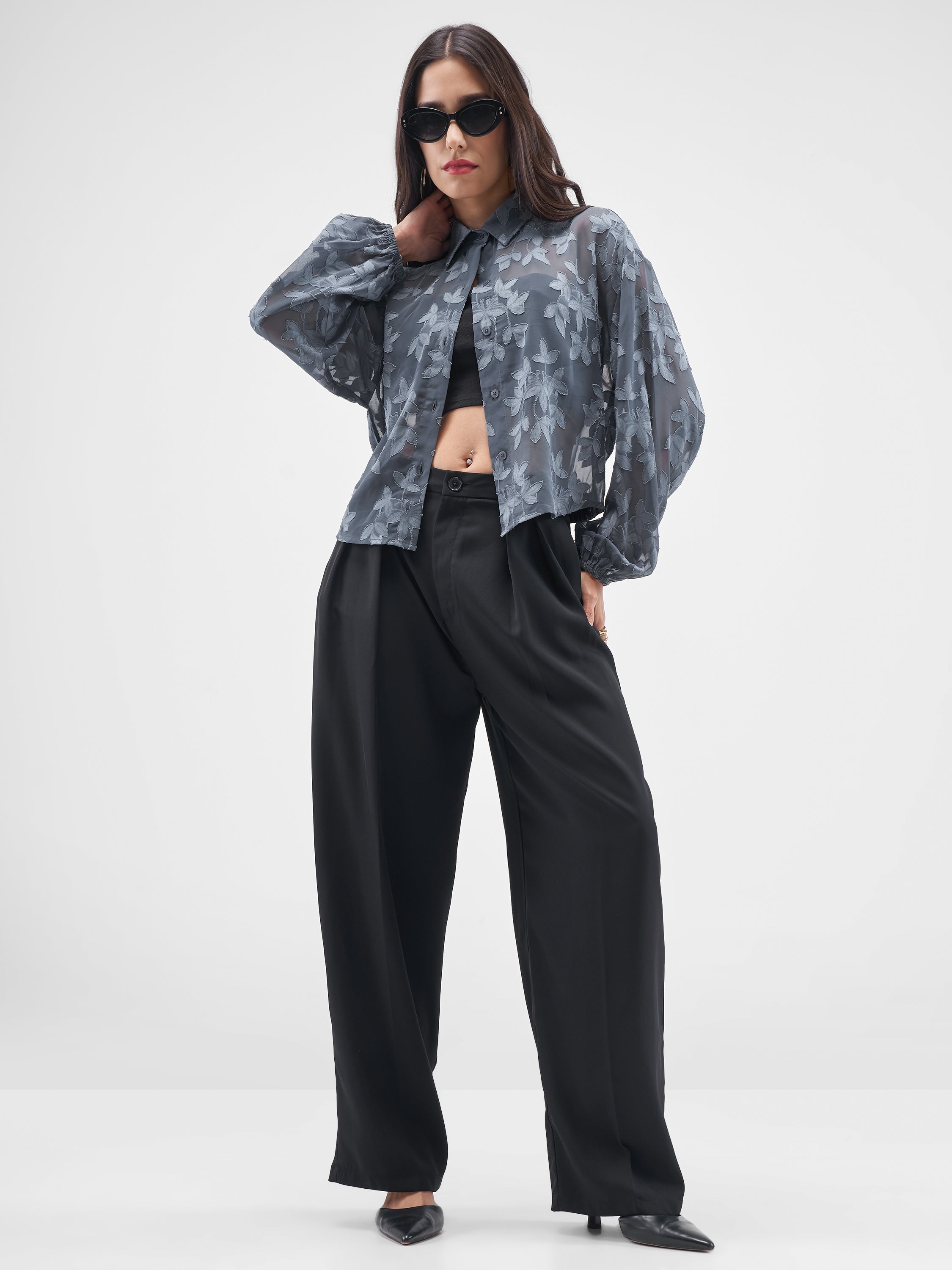 ESPYR By Tokyo Talkies Women Grey Embroidered Shirt Style Top - Grey - Image 2