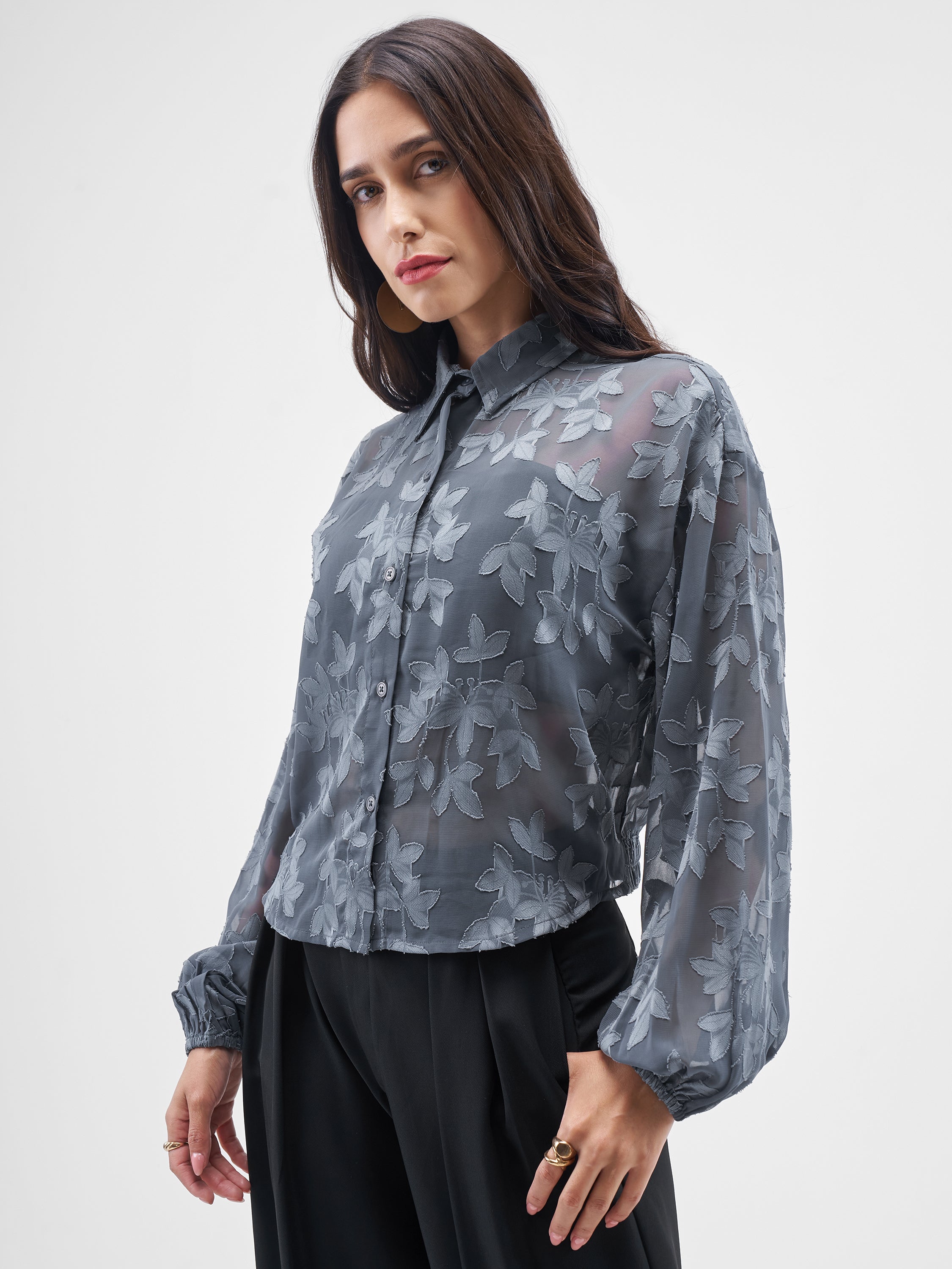 ESPYR By Tokyo Talkies Women Grey Embroidered Shirt Style Top - Grey - Image 4
