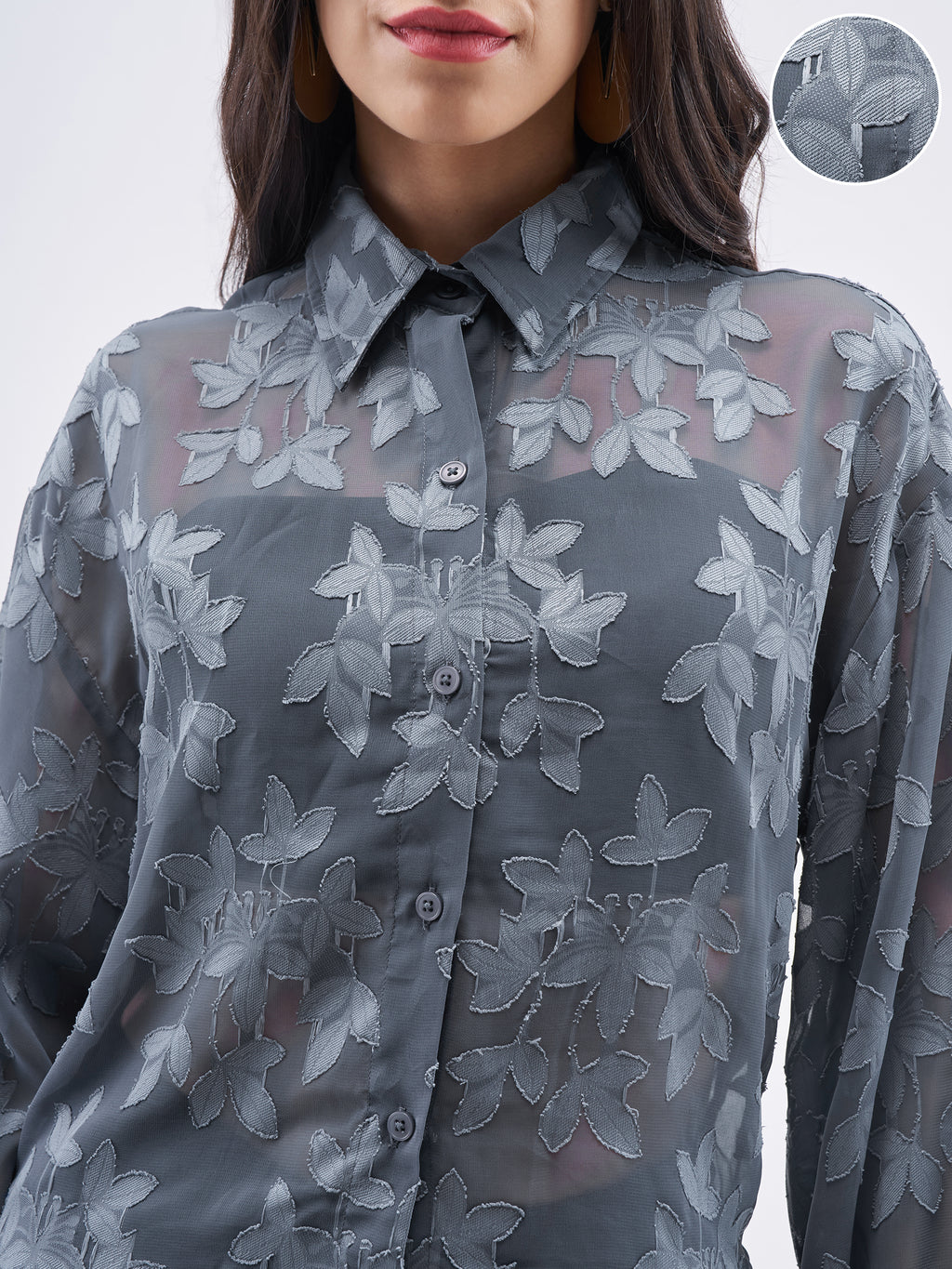 ESPYR By Tokyo Talkies Women Grey Embroidered Shirt Style Top - Grey - Image 5