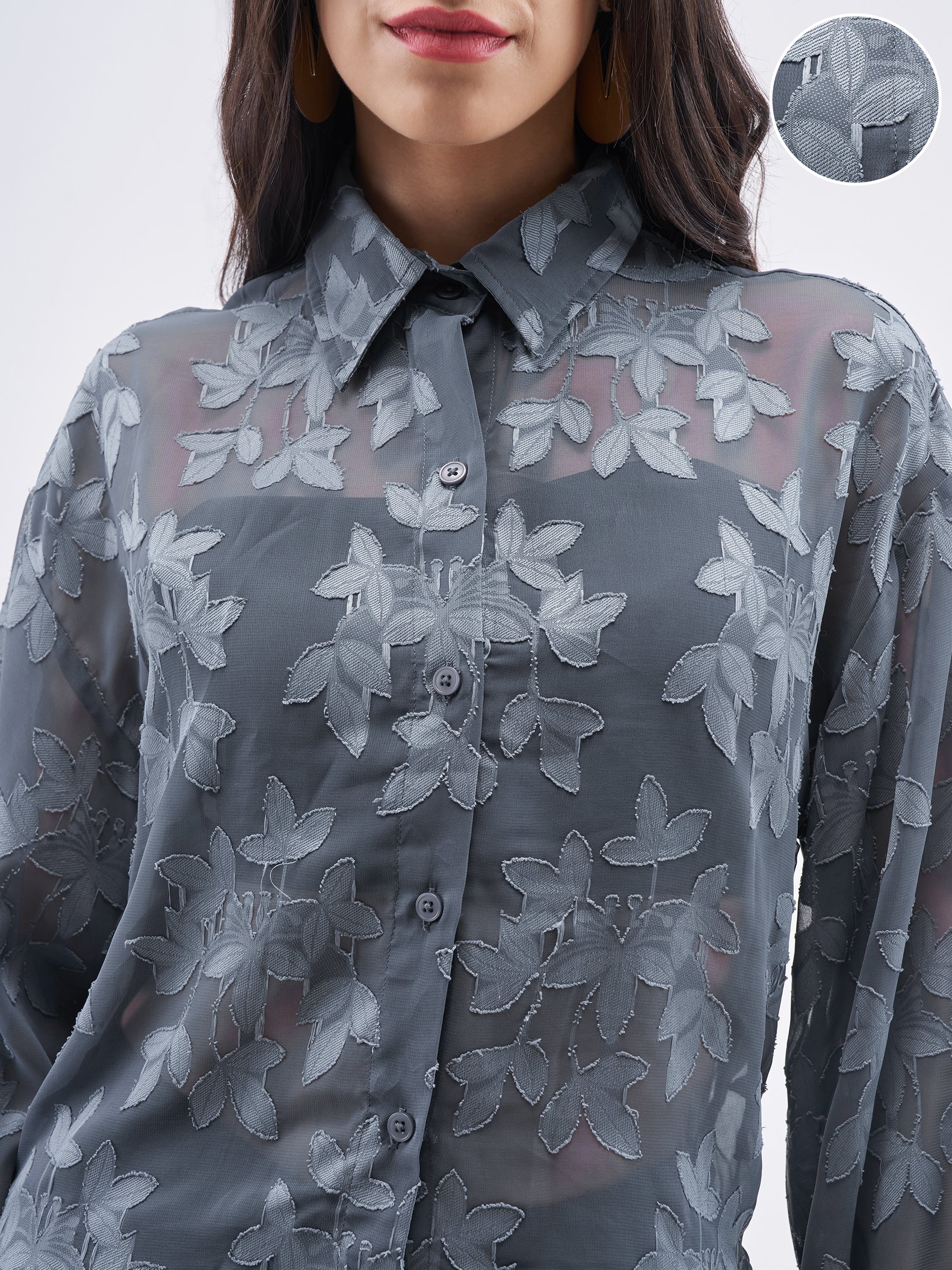 ESPYR By Tokyo Talkies Women Grey Embroidered Shirt Style Top - Grey - Image 5