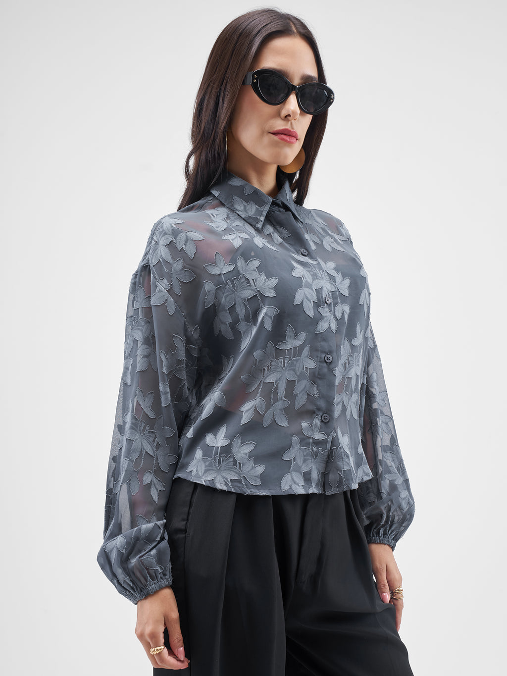 ESPYR By Tokyo Talkies Women Grey Embroidered Shirt Style Top - Grey - Image 6