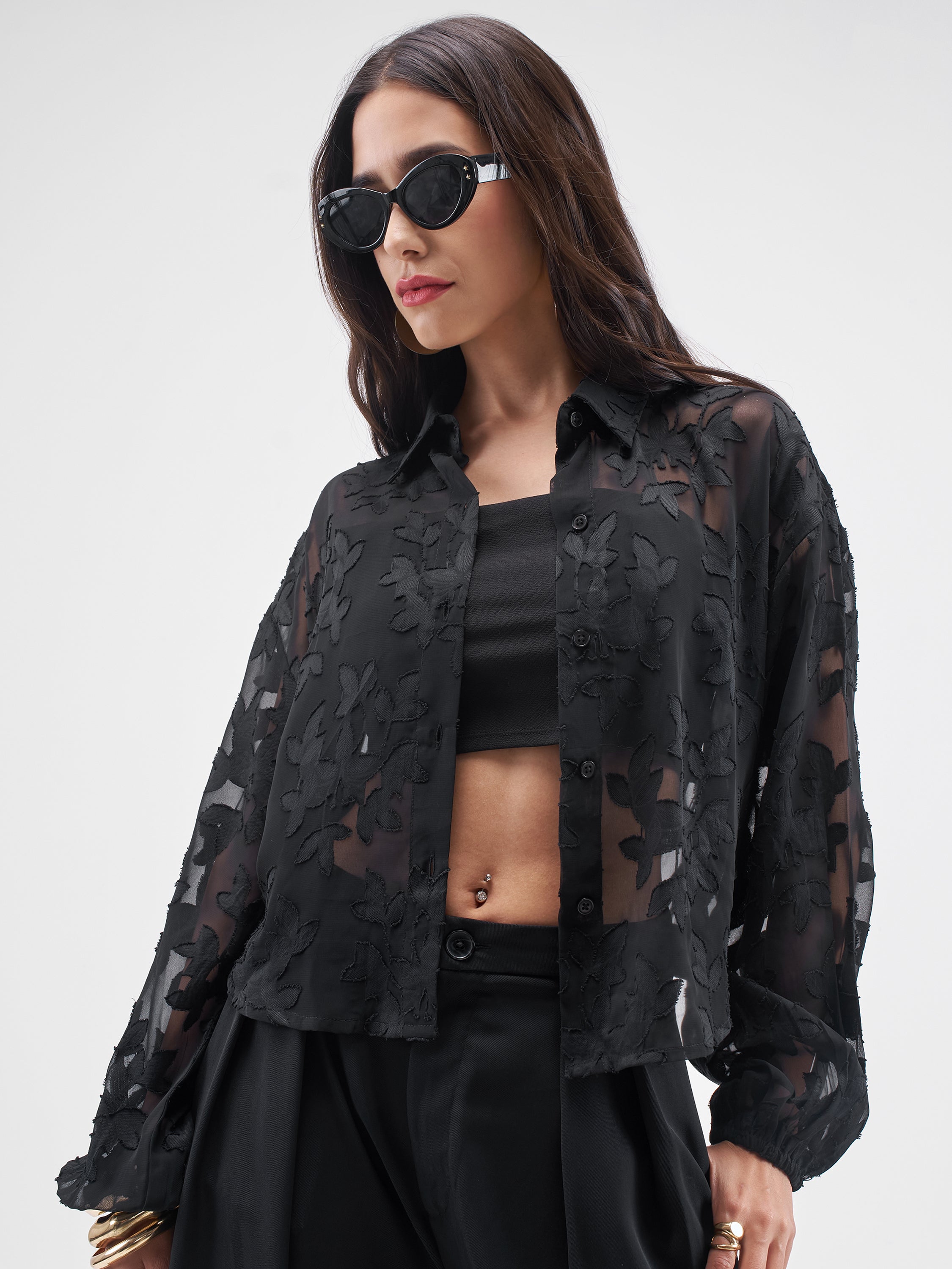 ESPYR By Tokyo Talkies Women Black Embroidered Shirt Style Top - Black - Image 1
