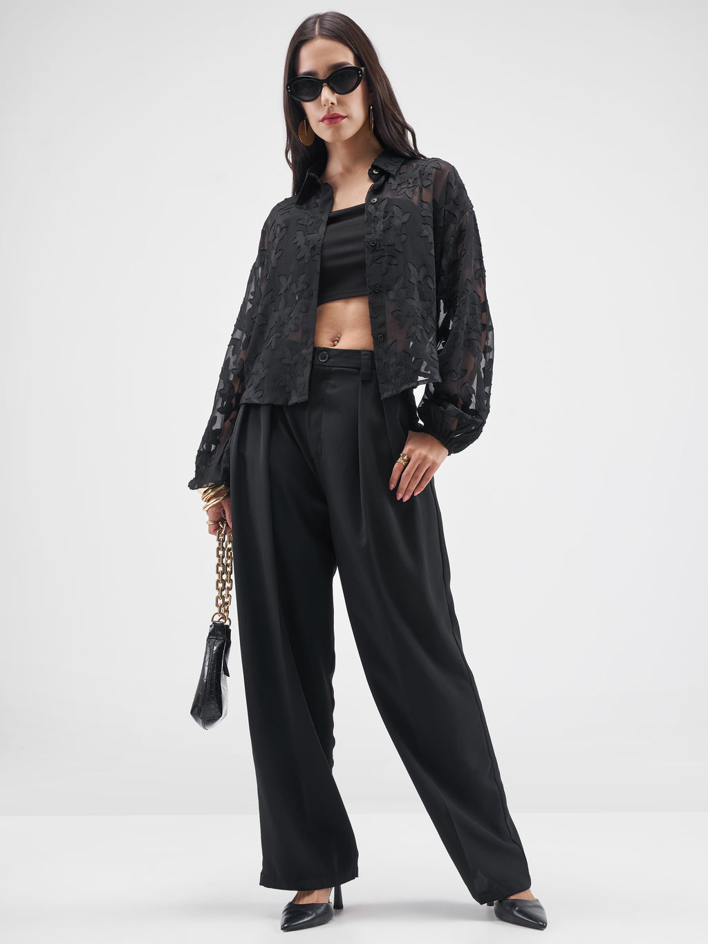 ESPYR By Tokyo Talkies Women Black Embroidered Shirt Style Top - Black - Image 2