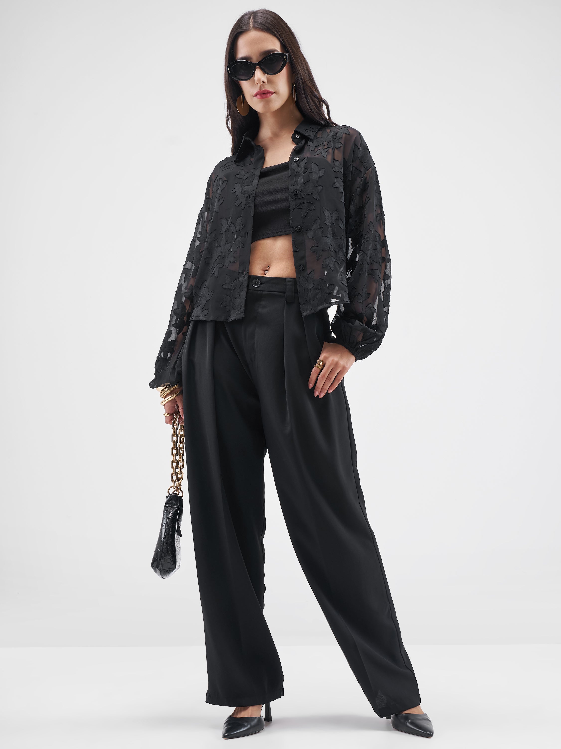 ESPYR By Tokyo Talkies Women Black Embroidered Shirt Style Top - Black - Image 2