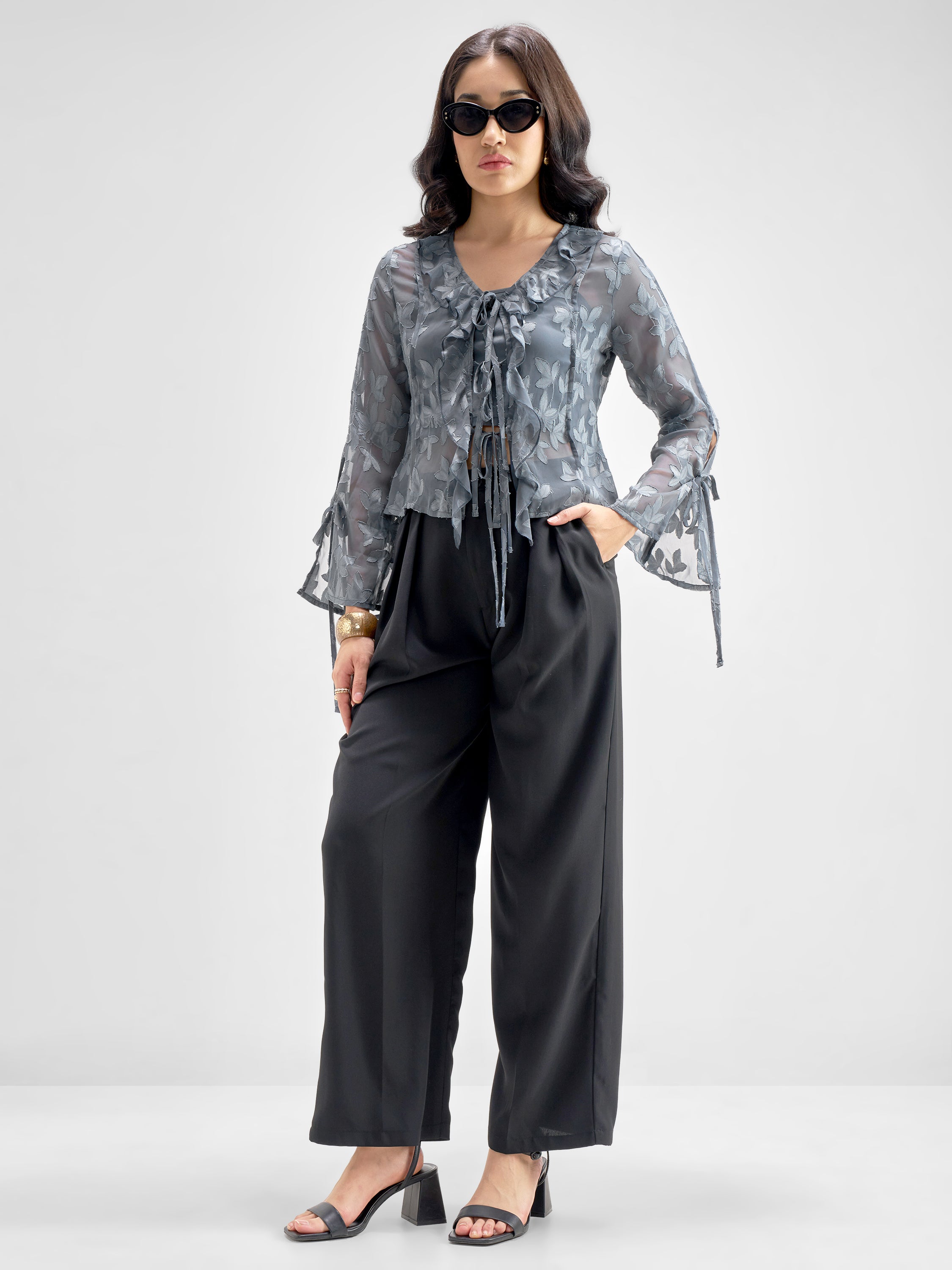 Tokyo Talkies Women Grey Self Design Regular Top - Grey - Image 2