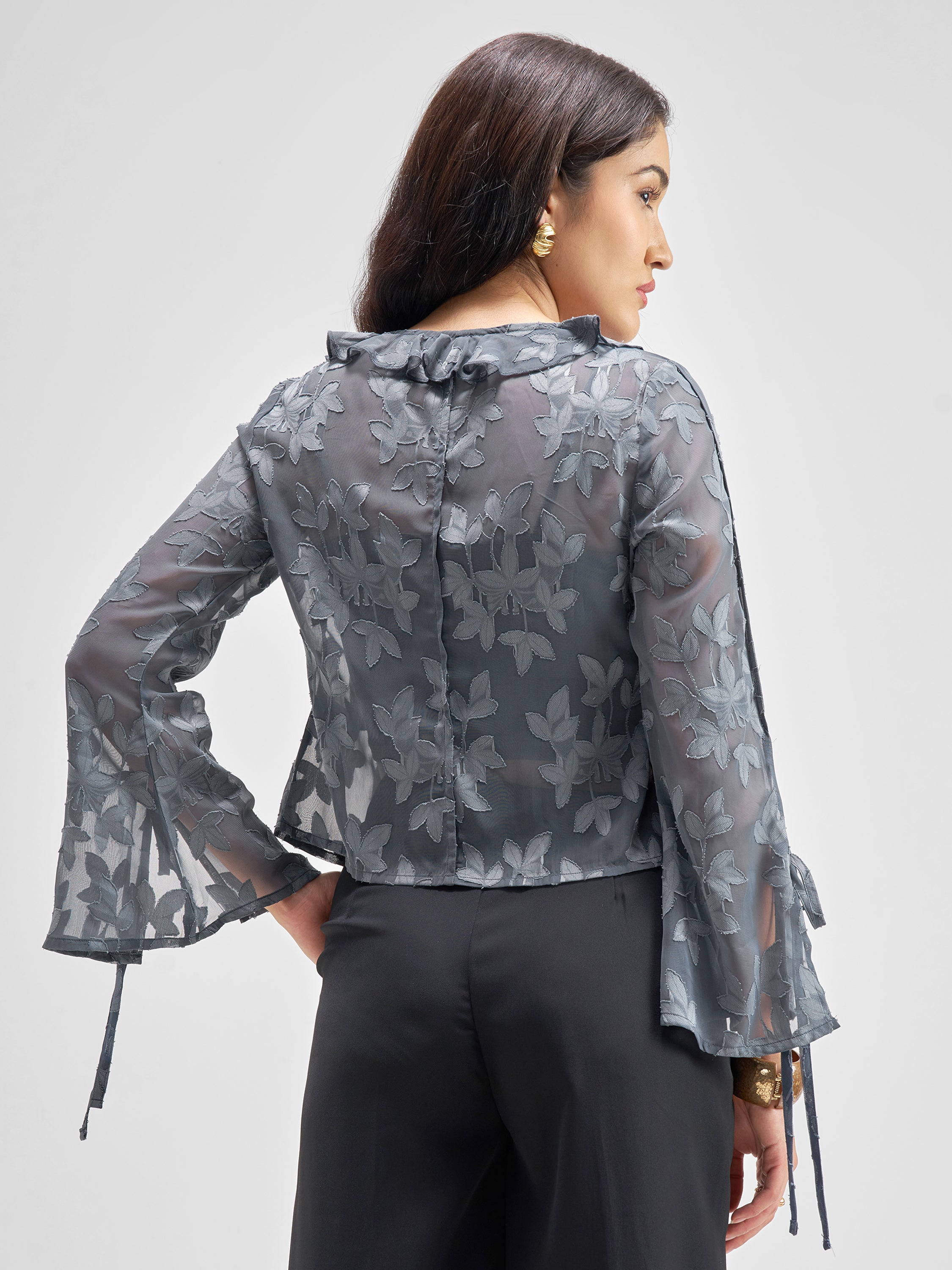 Tokyo Talkies Women Grey Self Design Regular Top - Grey - Image 3