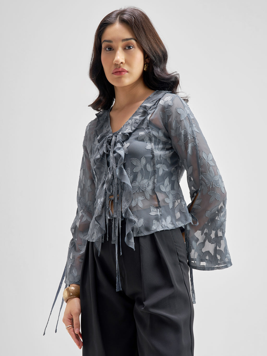 Tokyo Talkies Women Grey Self Design Regular Top - Grey - Image 4