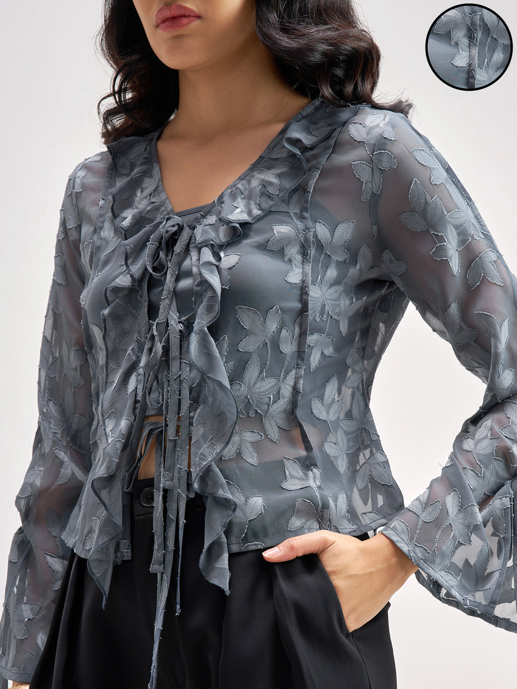 Tokyo Talkies Women Grey Self Design Regular Top - Grey - Image 5