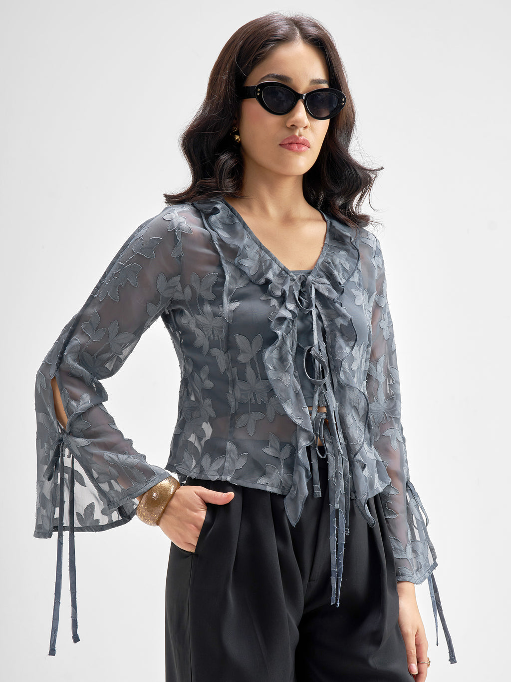 Tokyo Talkies Women Grey Self Design Regular Top - Grey - Image 6