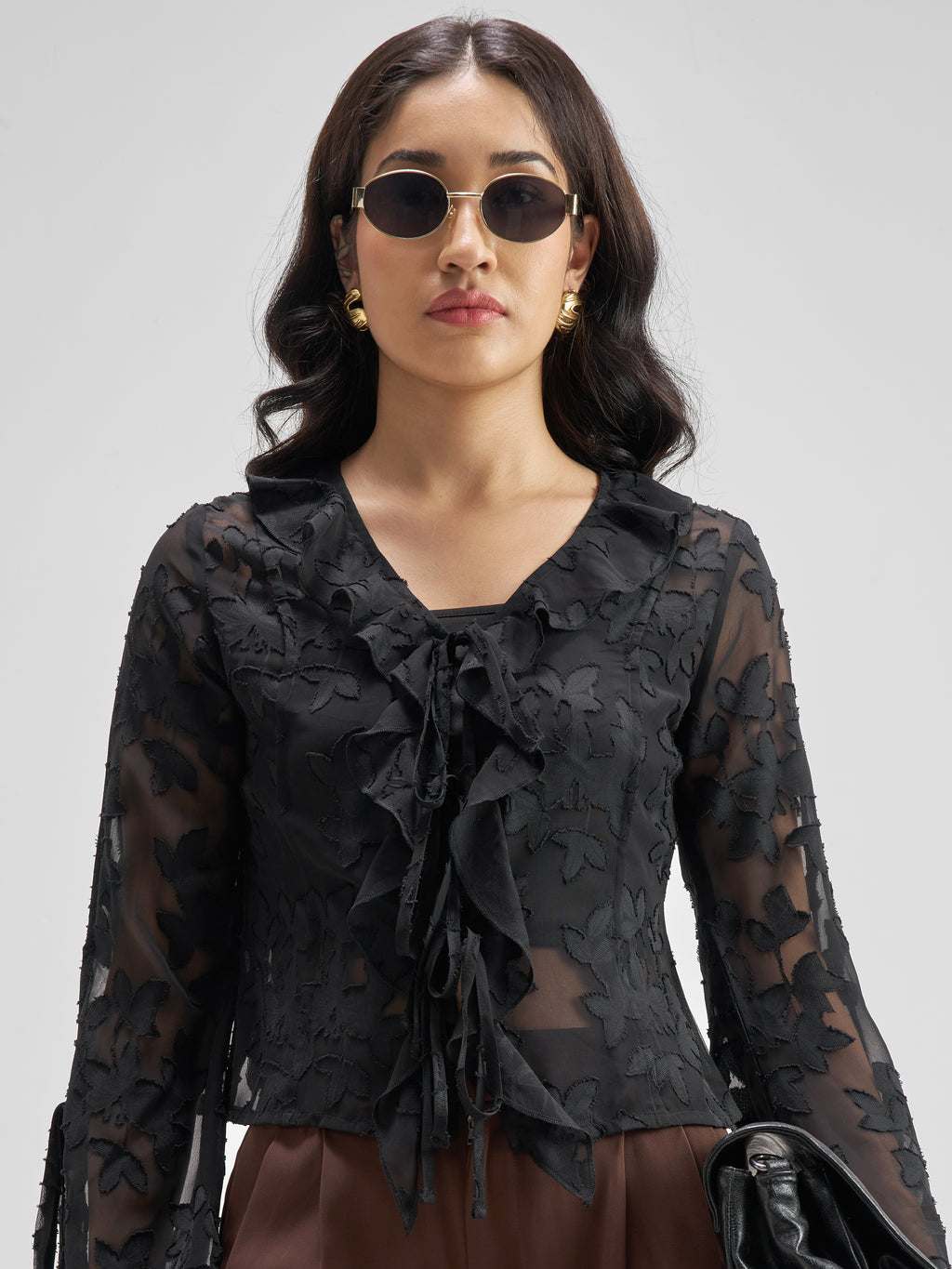 Tokyo Talkies Women Black Self Design Regular Top - Black - Image 1