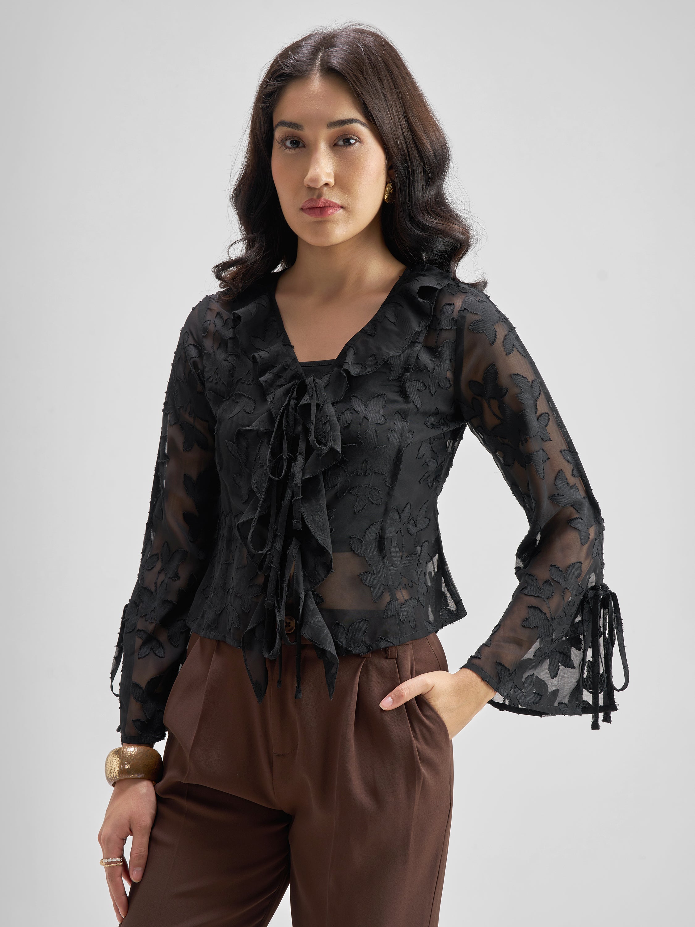Tokyo Talkies Women Black Self Design Regular Top - Black - Image 4