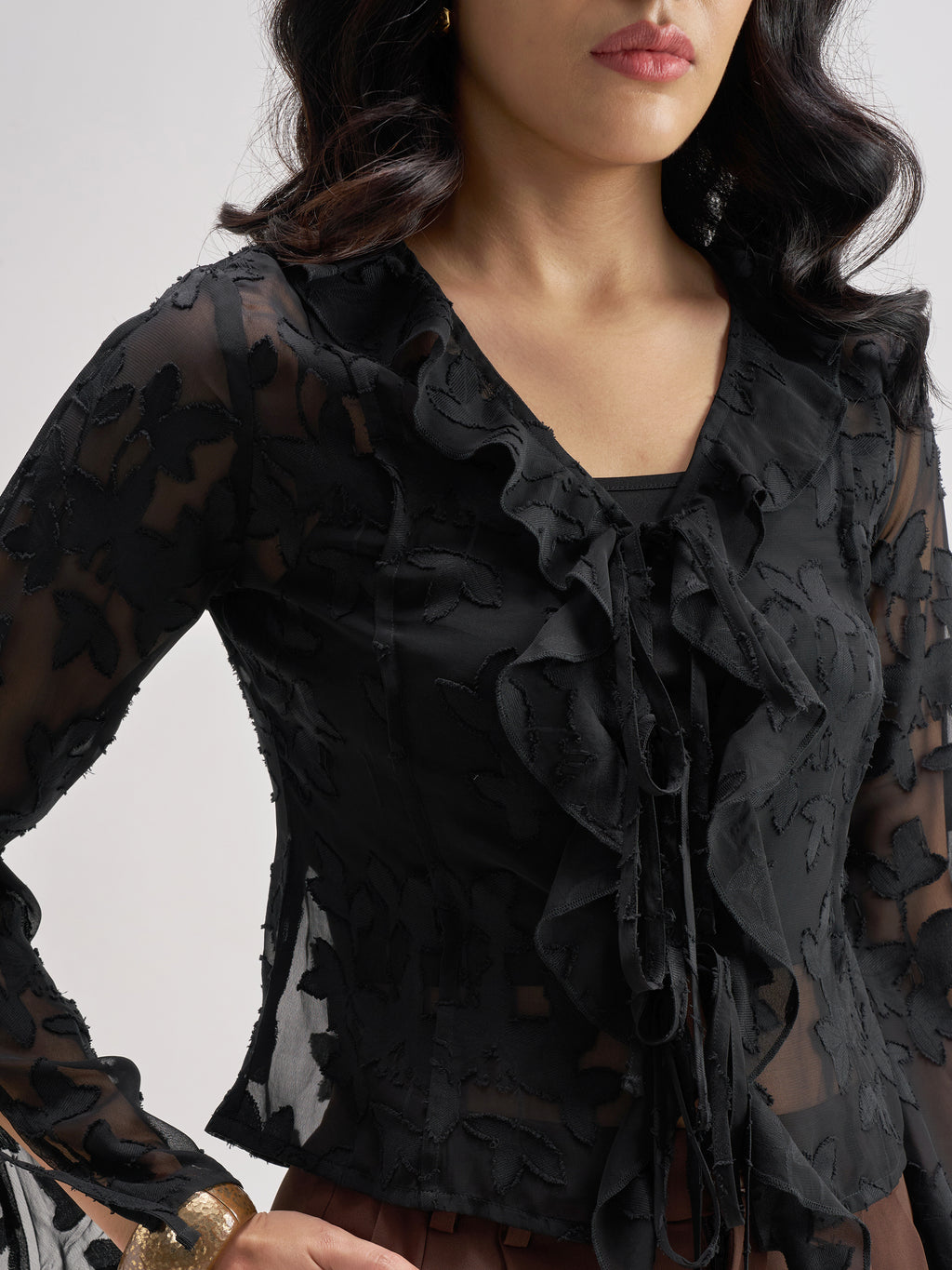 Tokyo Talkies Women Black Self Design Regular Top - Black - Image 5