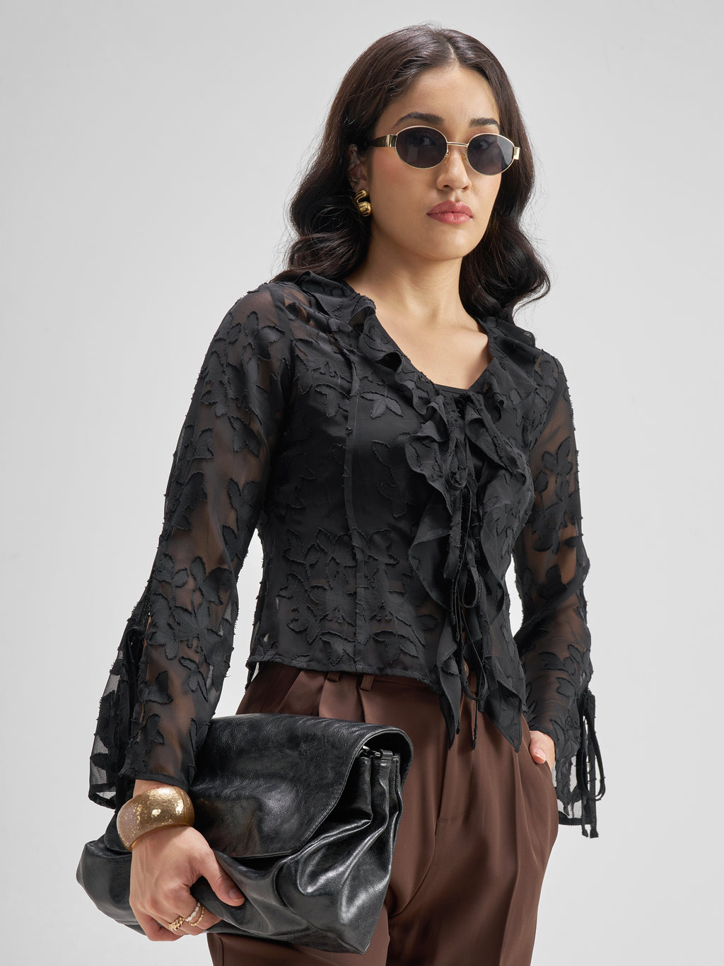 Tokyo Talkies Women Black Self Design Regular Top - Black - Image 6