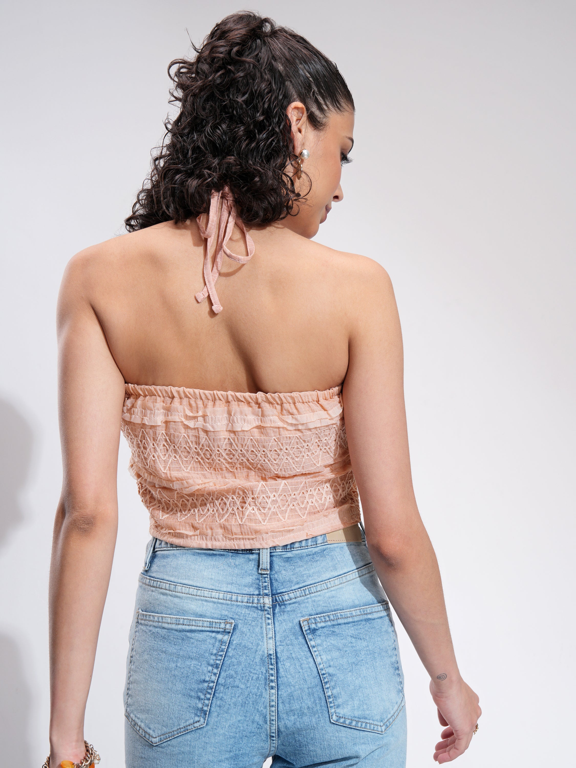 Tokyo Talkies Women Peach Self Design Tank Top - Peach - Image 3