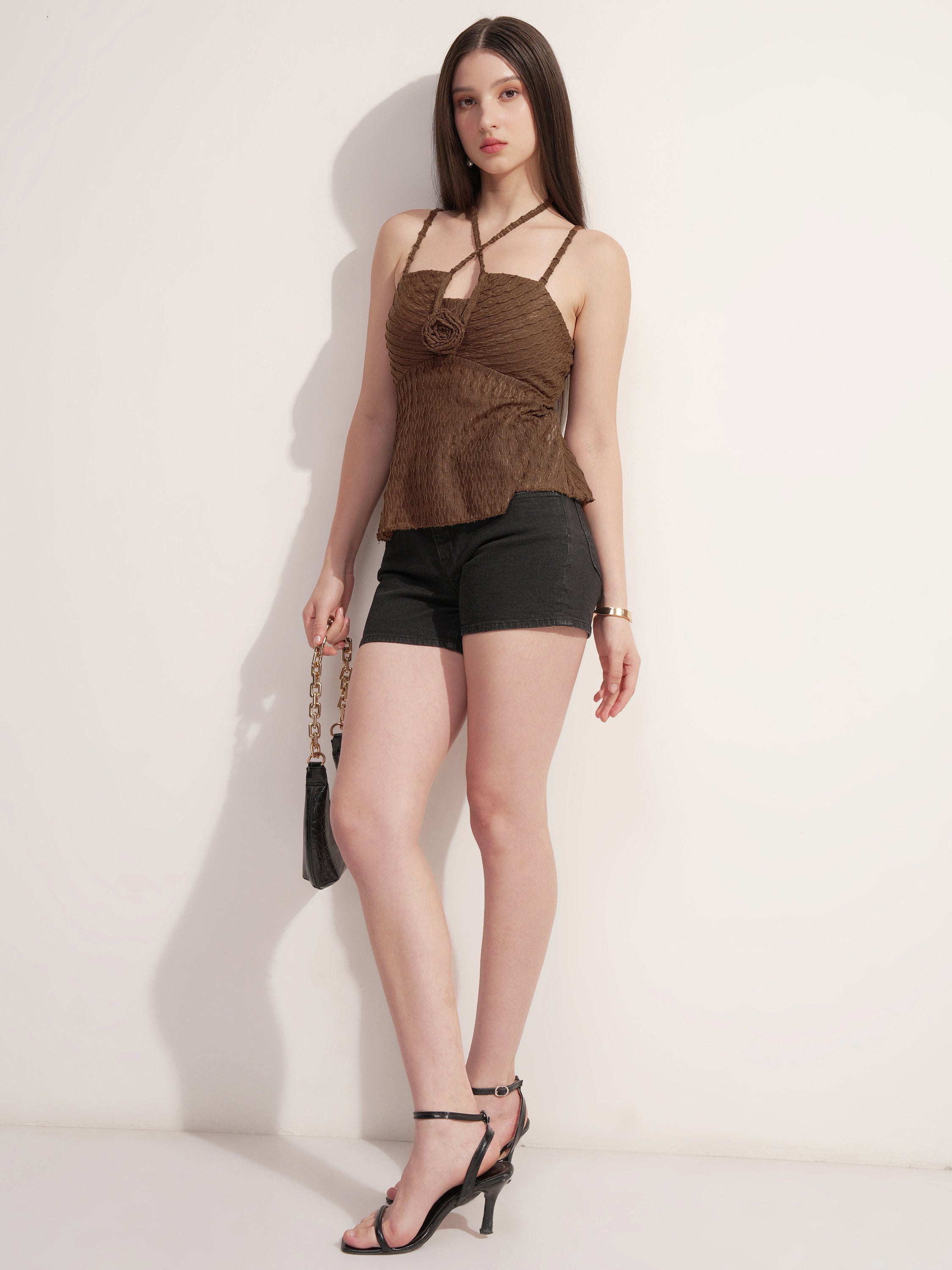 Tokyo Talkies Women Brown Self Design Peplum Top - Brown - Image 2