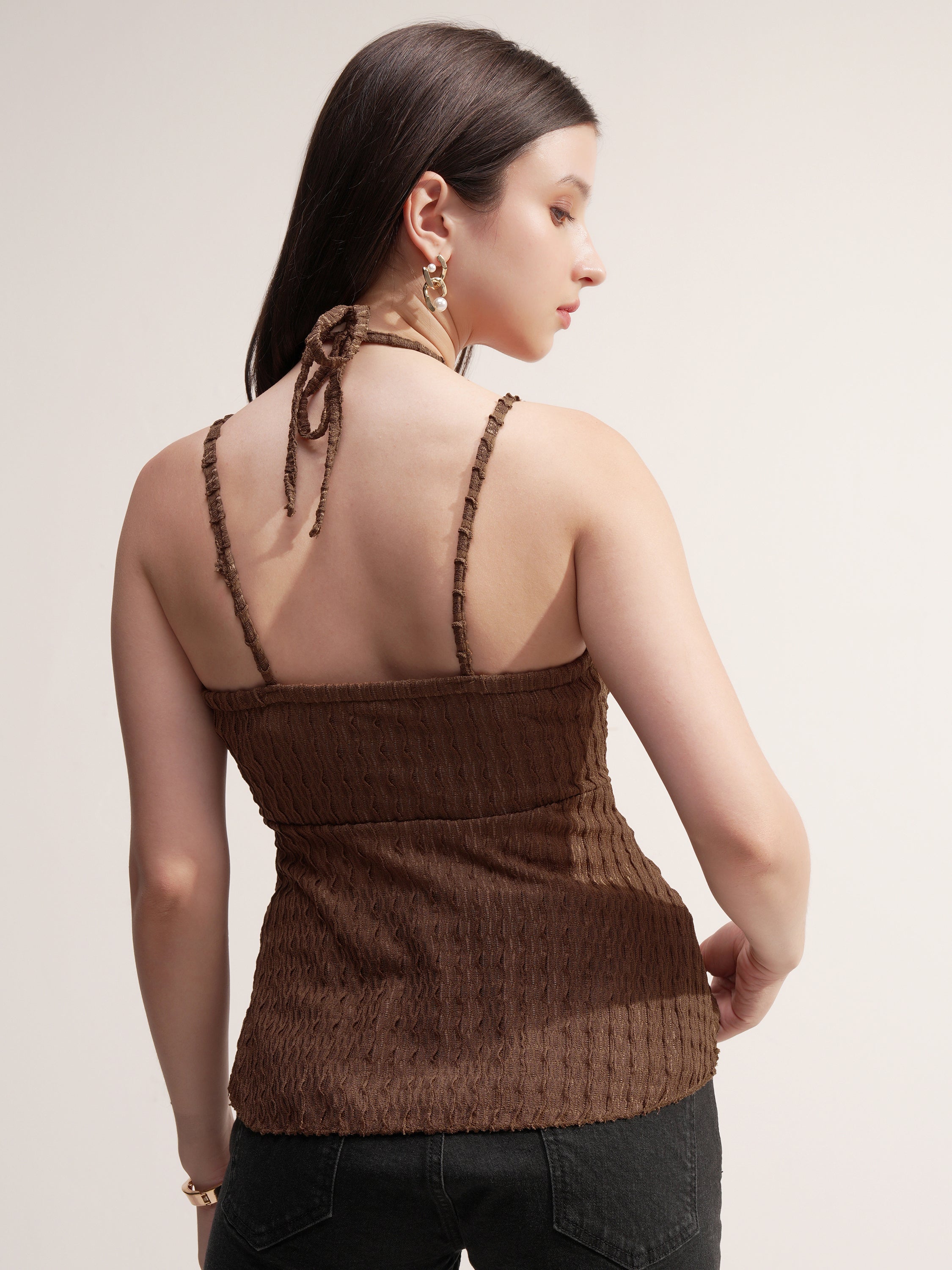 Tokyo Talkies Women Brown Self Design Peplum Top - Brown - Image 3