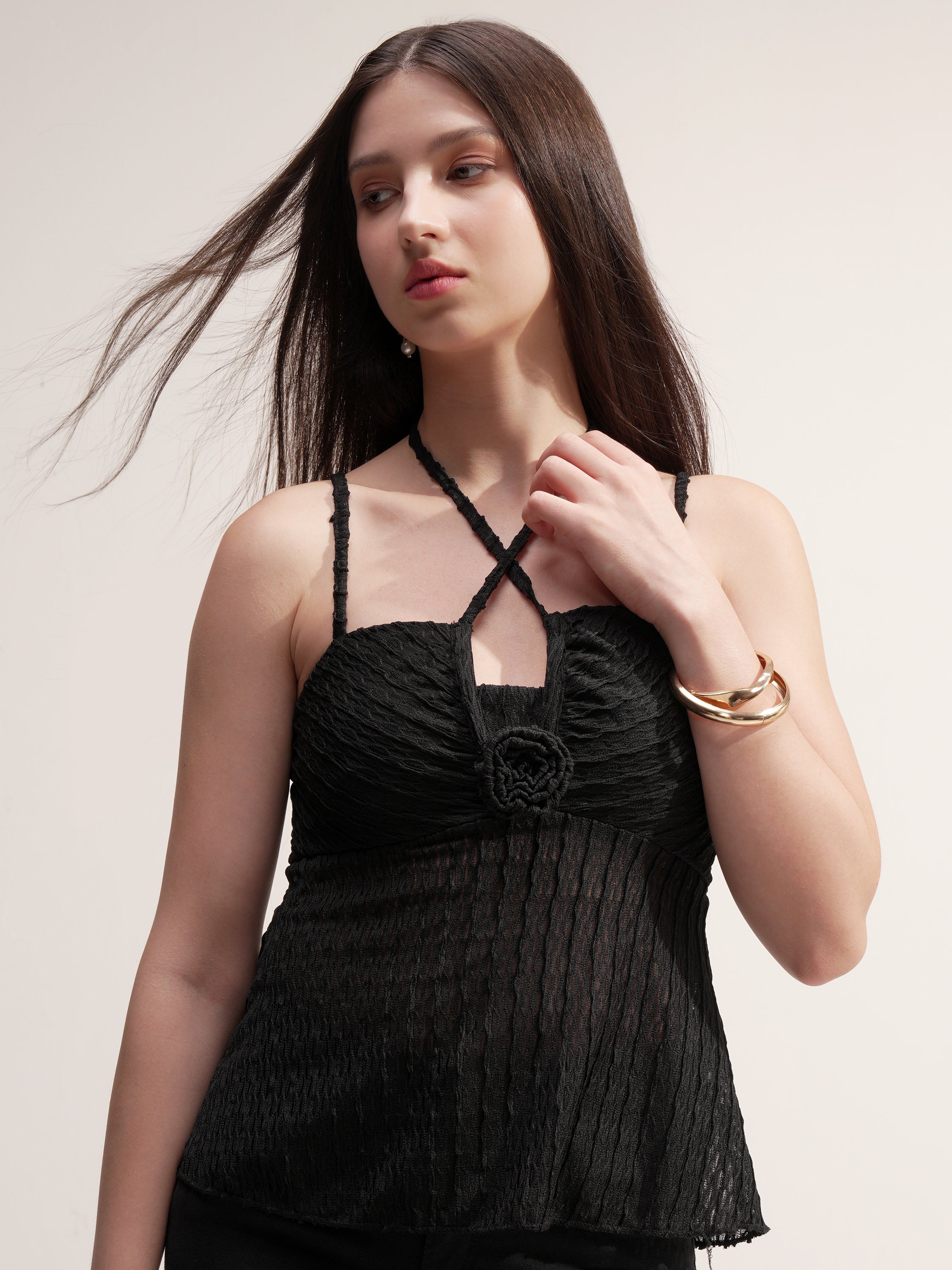 Tokyo Talkies Women Black Self Design Peplum Top - Black - Image 1