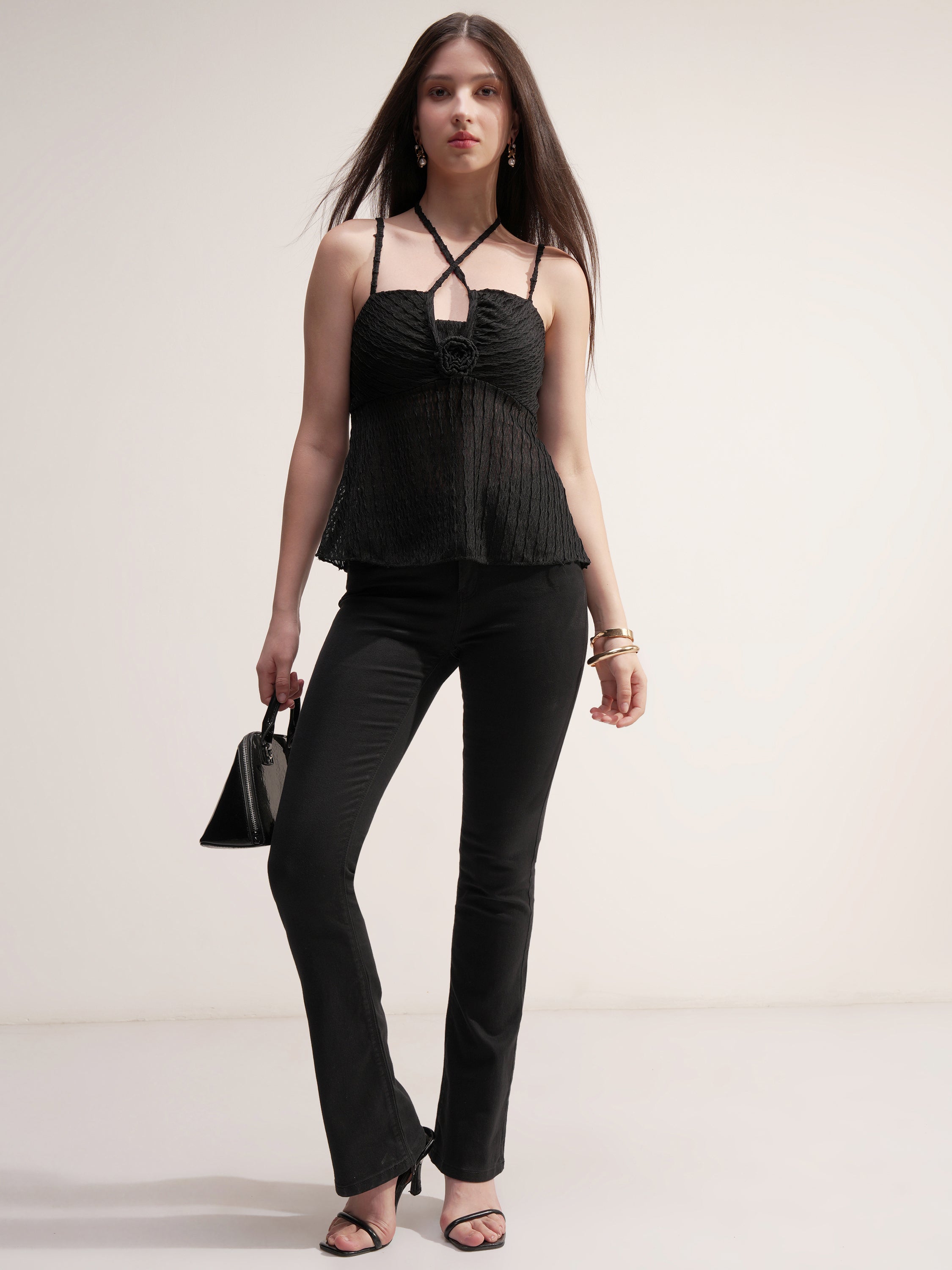 Tokyo Talkies Women Black Self Design Peplum Top - Black - Image 2