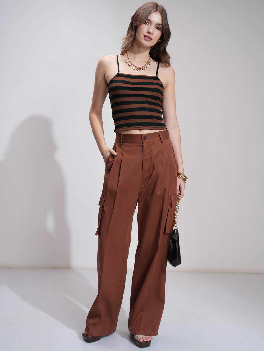 Tokyo Talkies Women Brown Striped Regular Top - Brown - Image 2