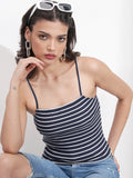 Tokyo Talkies Women Navy Blue Striped Fitted Top - Navy Blue - Image 1