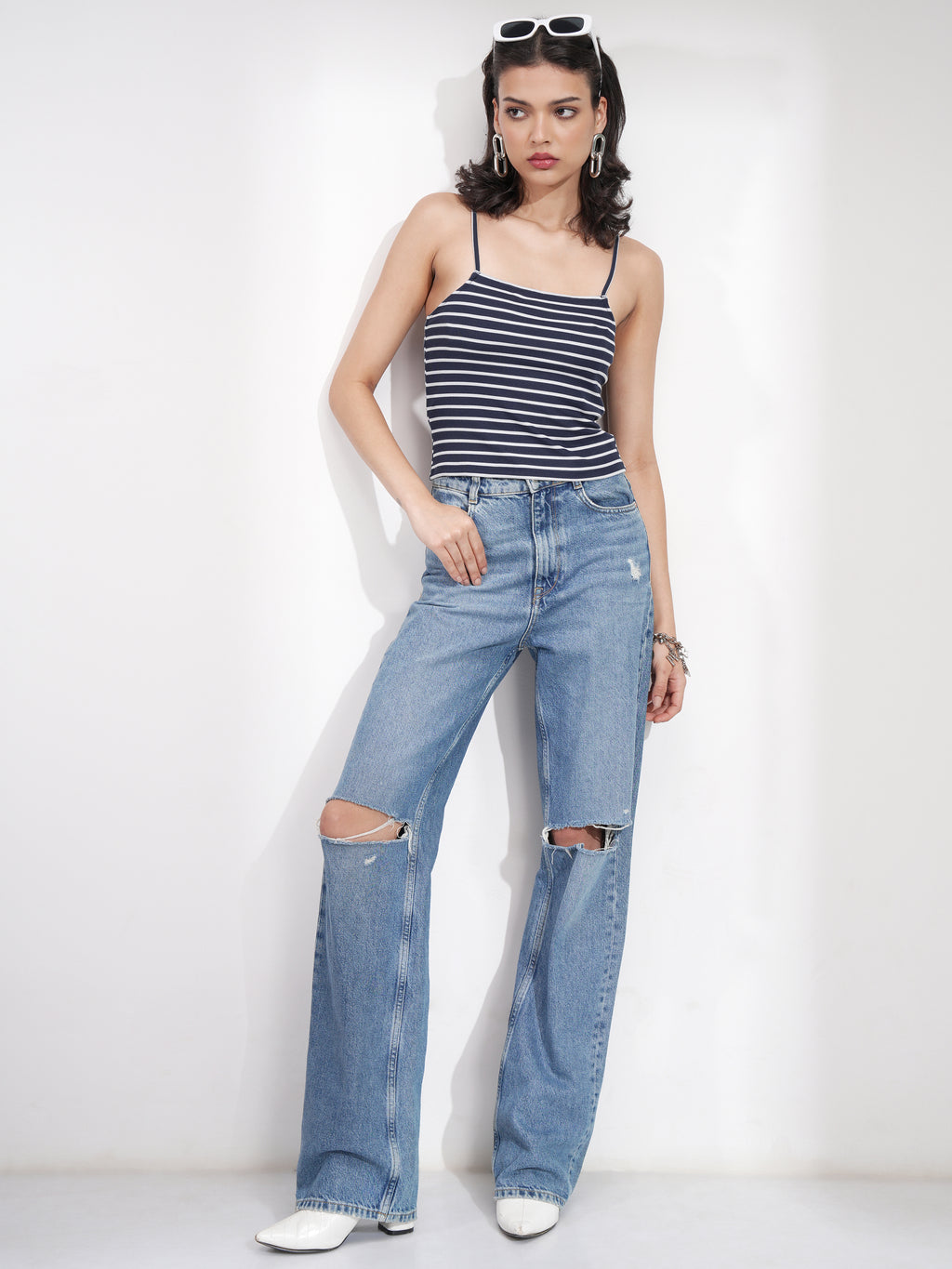 Tokyo Talkies Women Navy Blue Striped Fitted Top - Navy Blue - Image 2