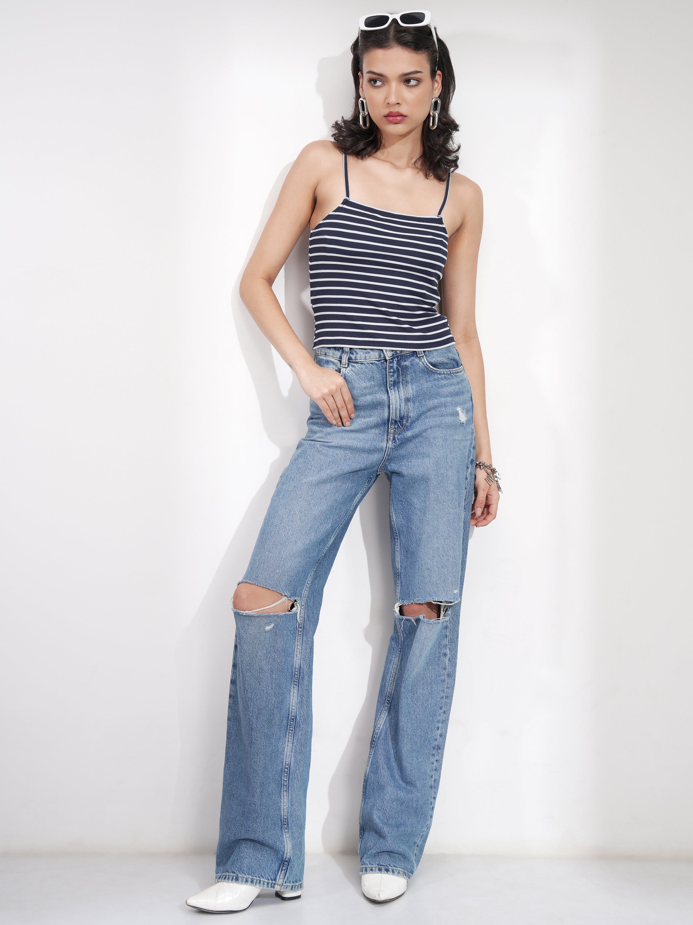 Tokyo Talkies Women Navy Blue Striped Fitted Top - Navy Blue - Image 2