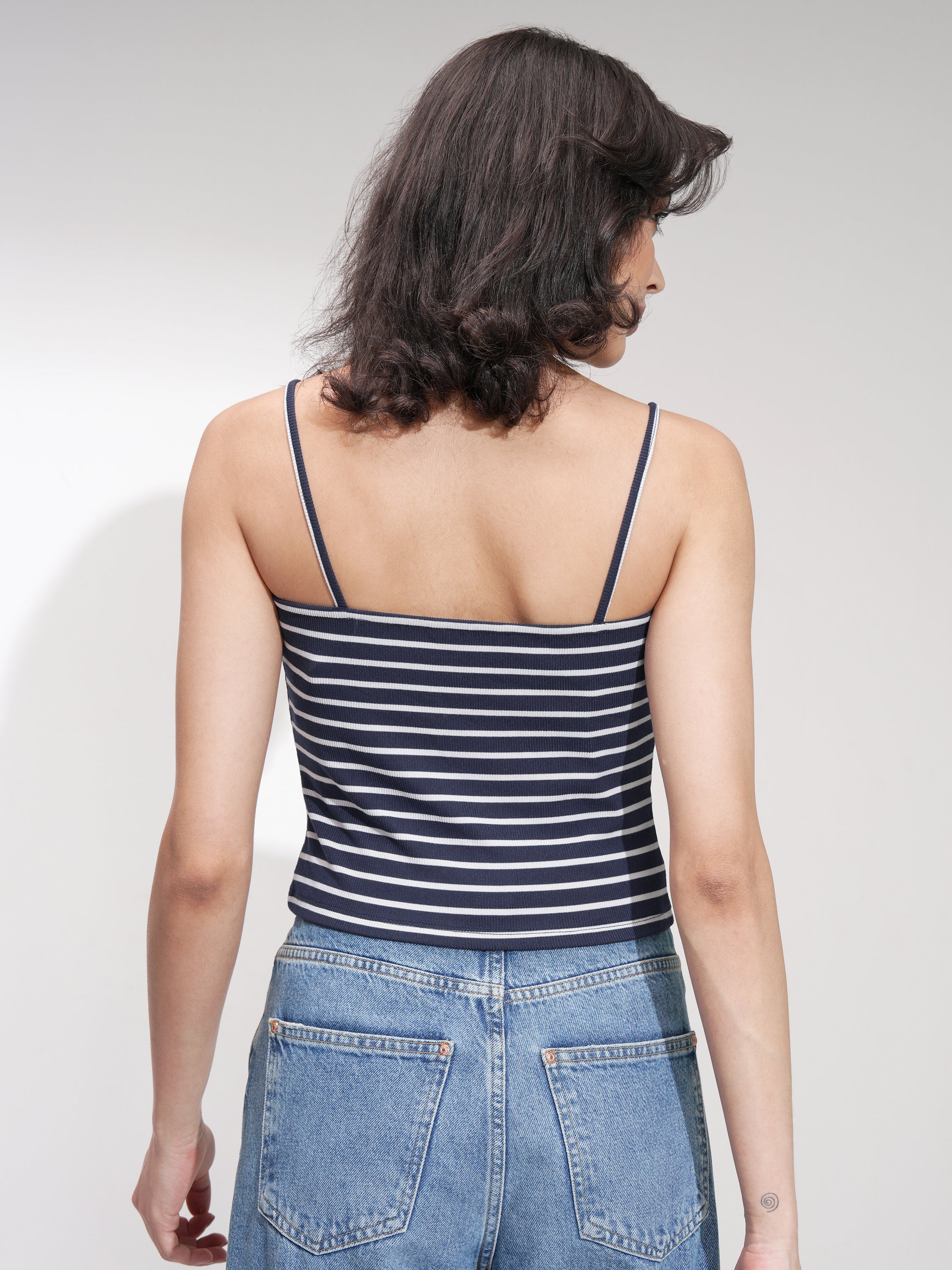 Tokyo Talkies Women Navy Blue Striped Fitted Top - Navy Blue - Image 3