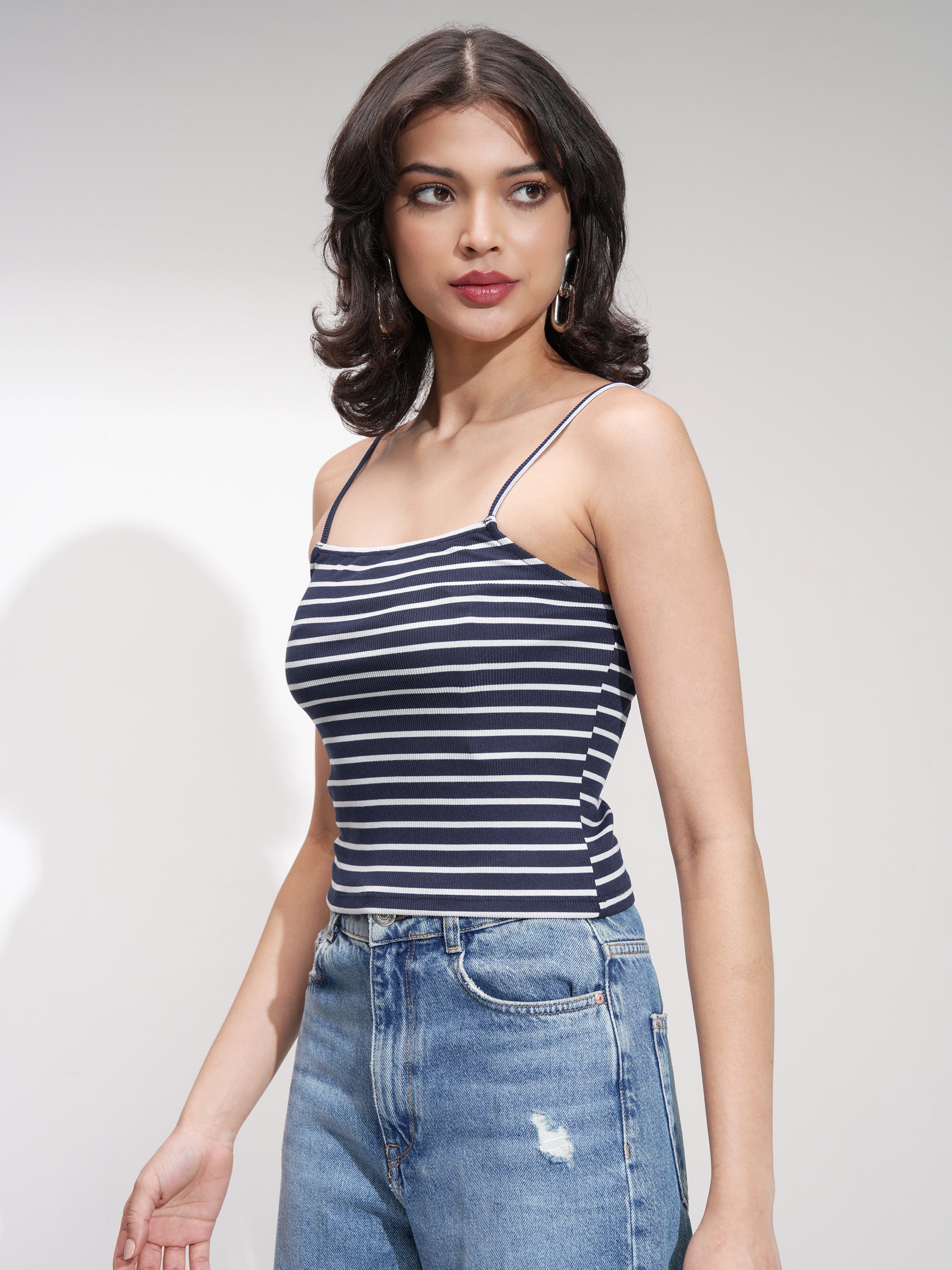 Tokyo Talkies Women Navy Blue Striped Fitted Top - Navy Blue - Image 4