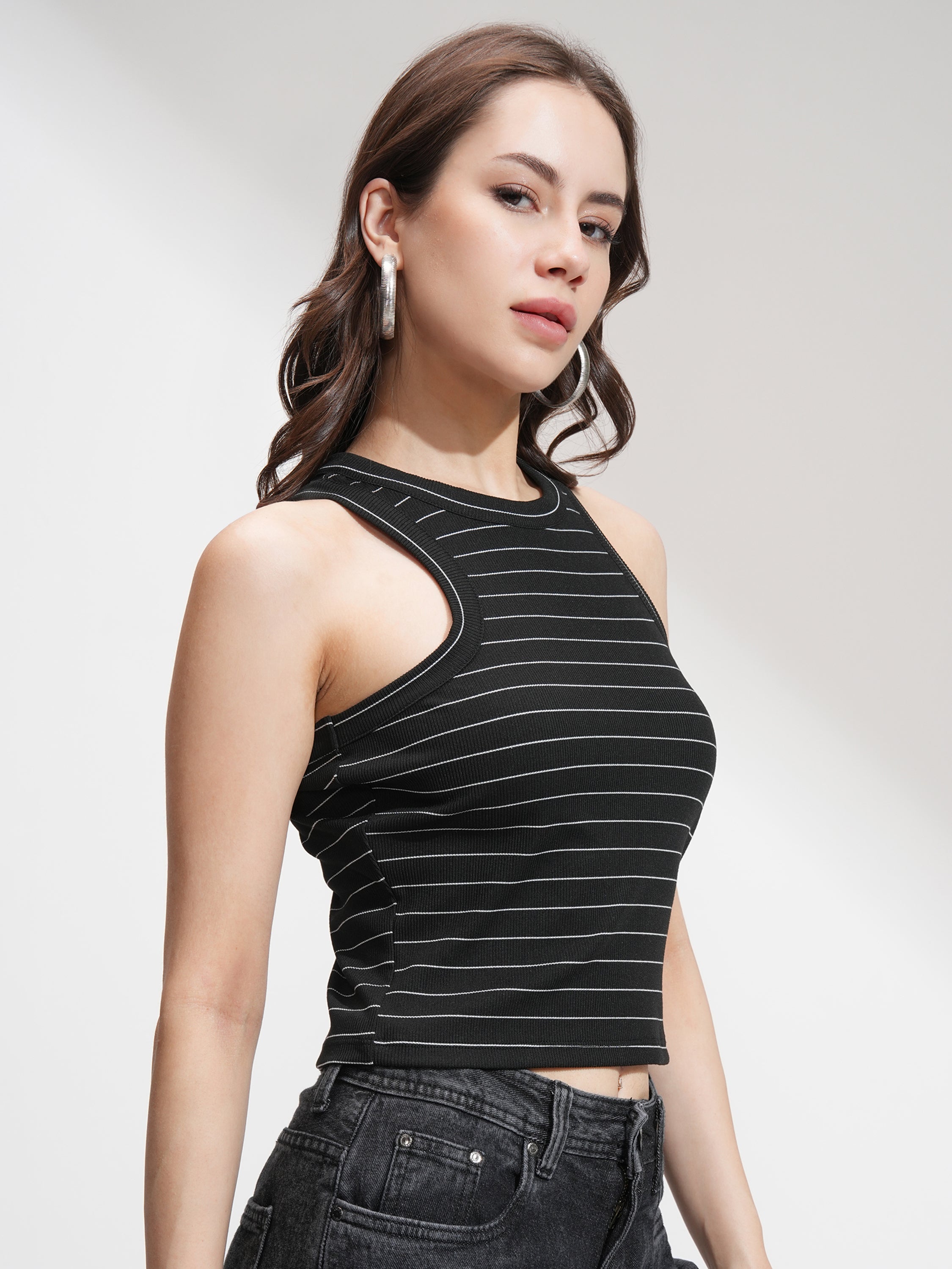 Tokyo Talkies Women Black Striped Regular Top - Black - Image 6