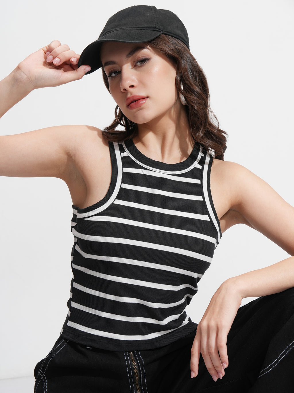 Tokyo Talkies Women Black Striped Regular Top - Black - Image 1