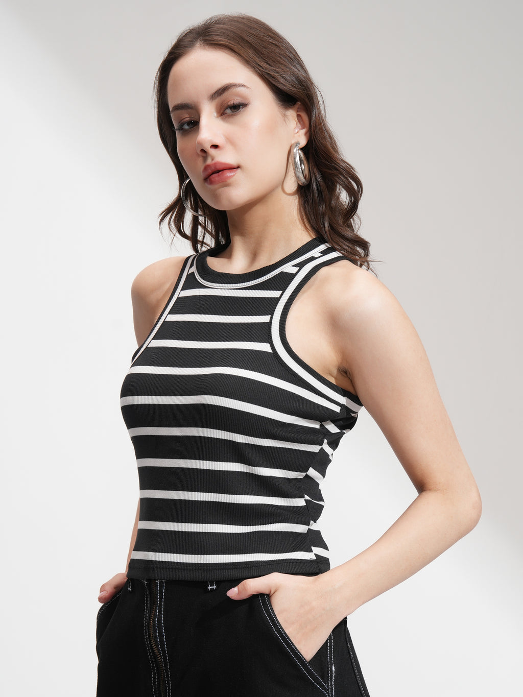 Tokyo Talkies Women Black Striped Regular Top - Black - Image 4