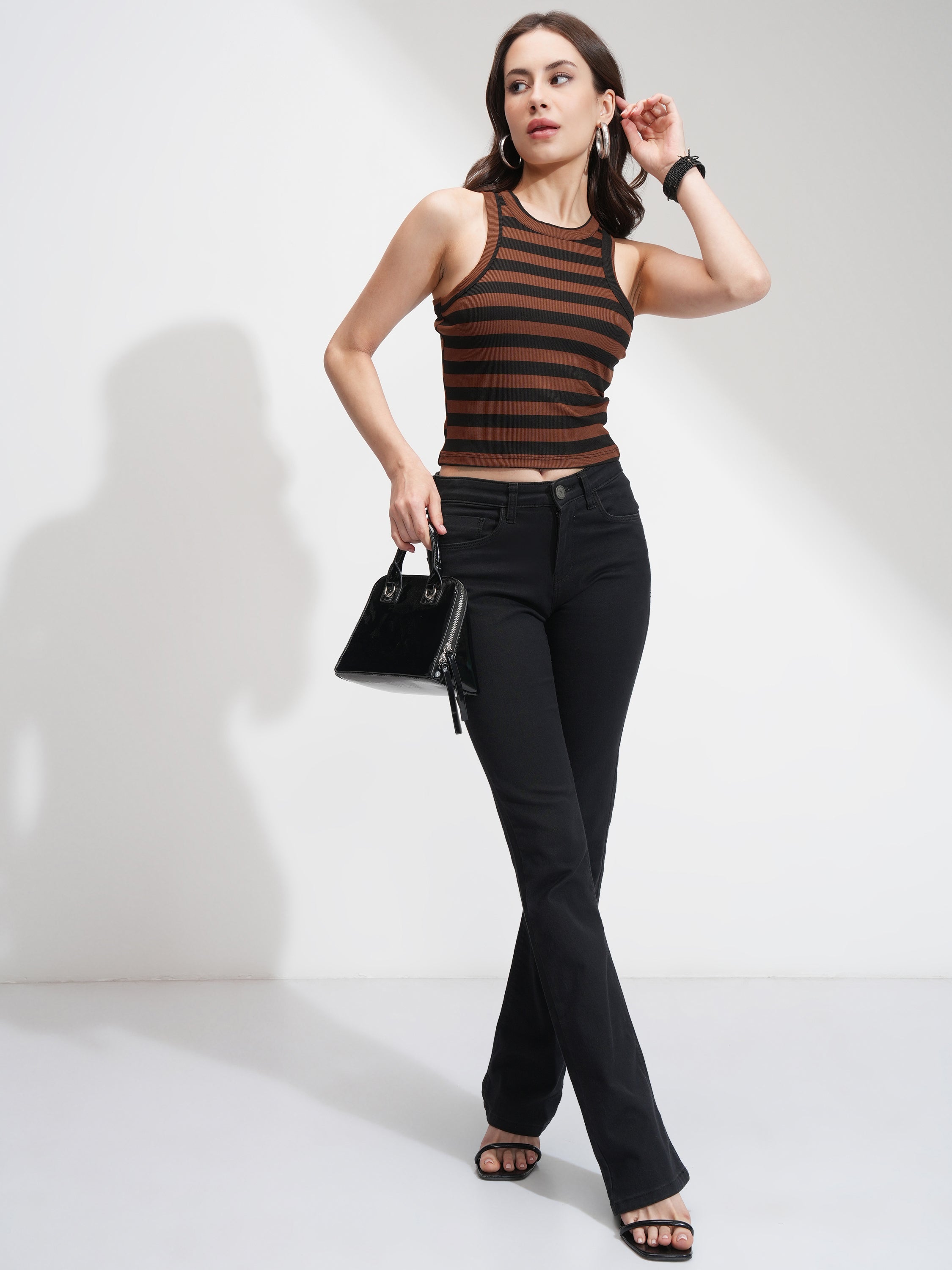 Tokyo Talkies Women Brown Striped Regular Top - Brown - Image 2