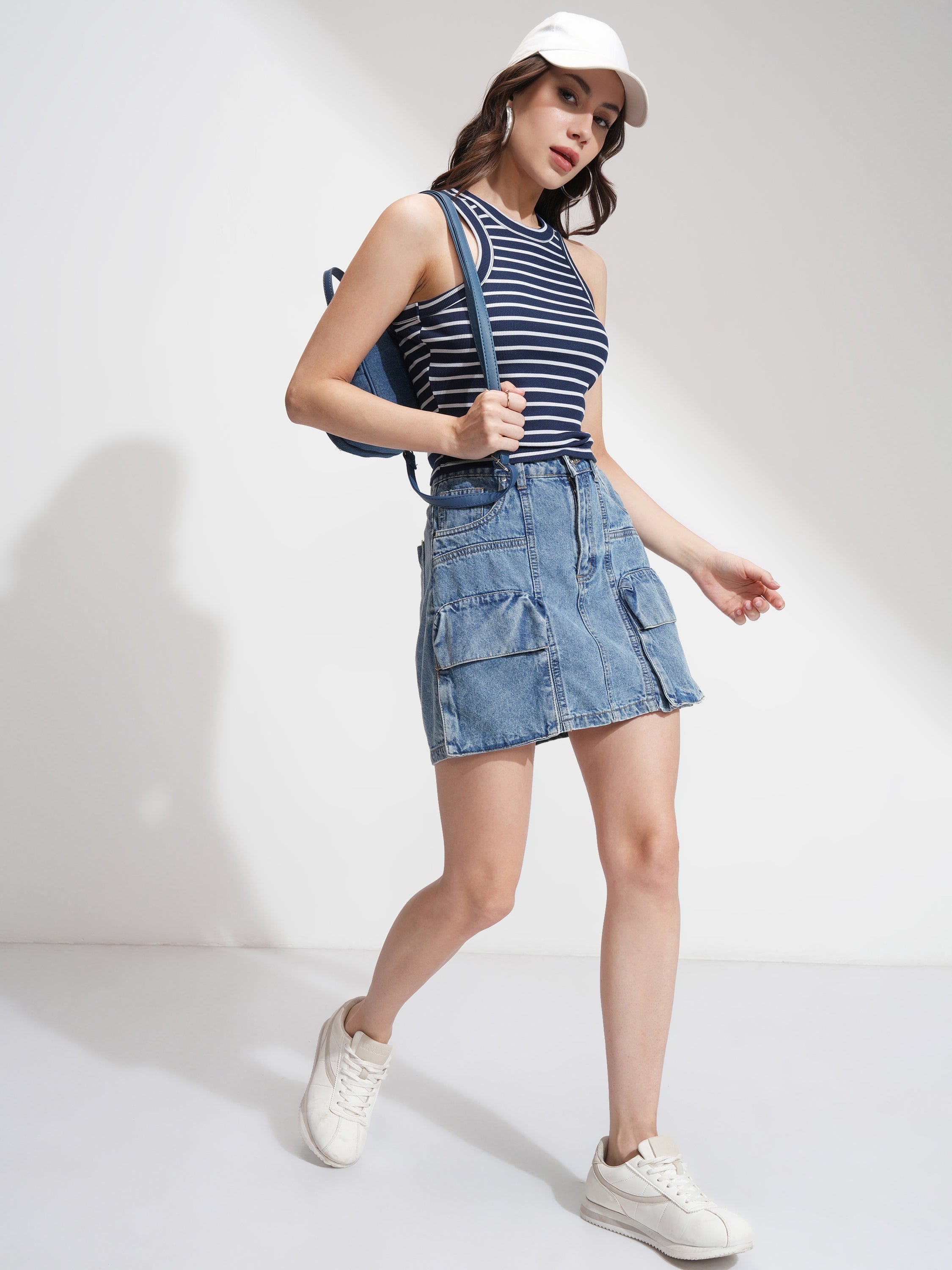 Tokyo Talkies Women Navy Blue Striped Regular Top - Navy Blue - Image 2