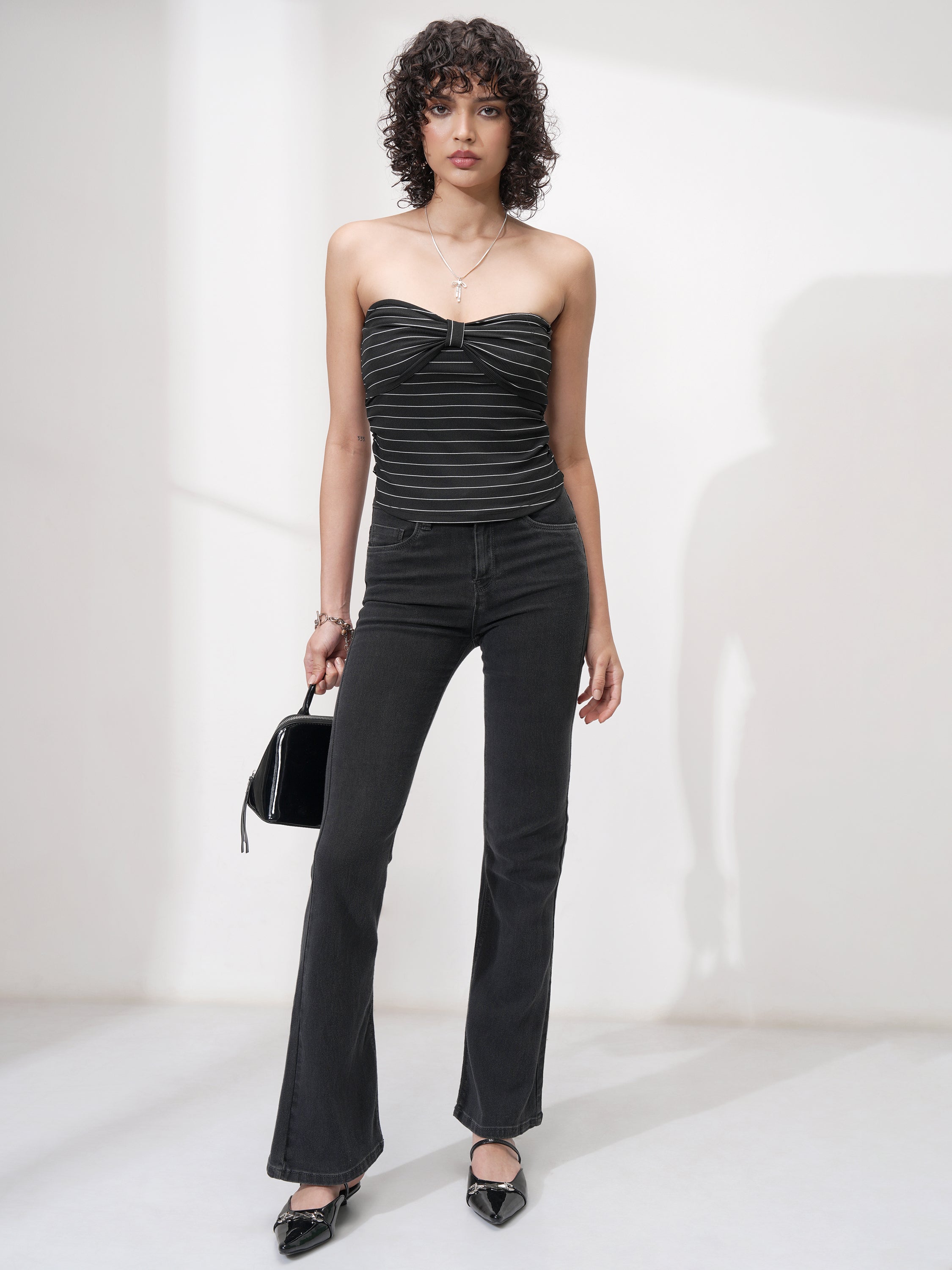 Tokyo Talkies Women Black Striped Fitted Top - Black - Image 2
