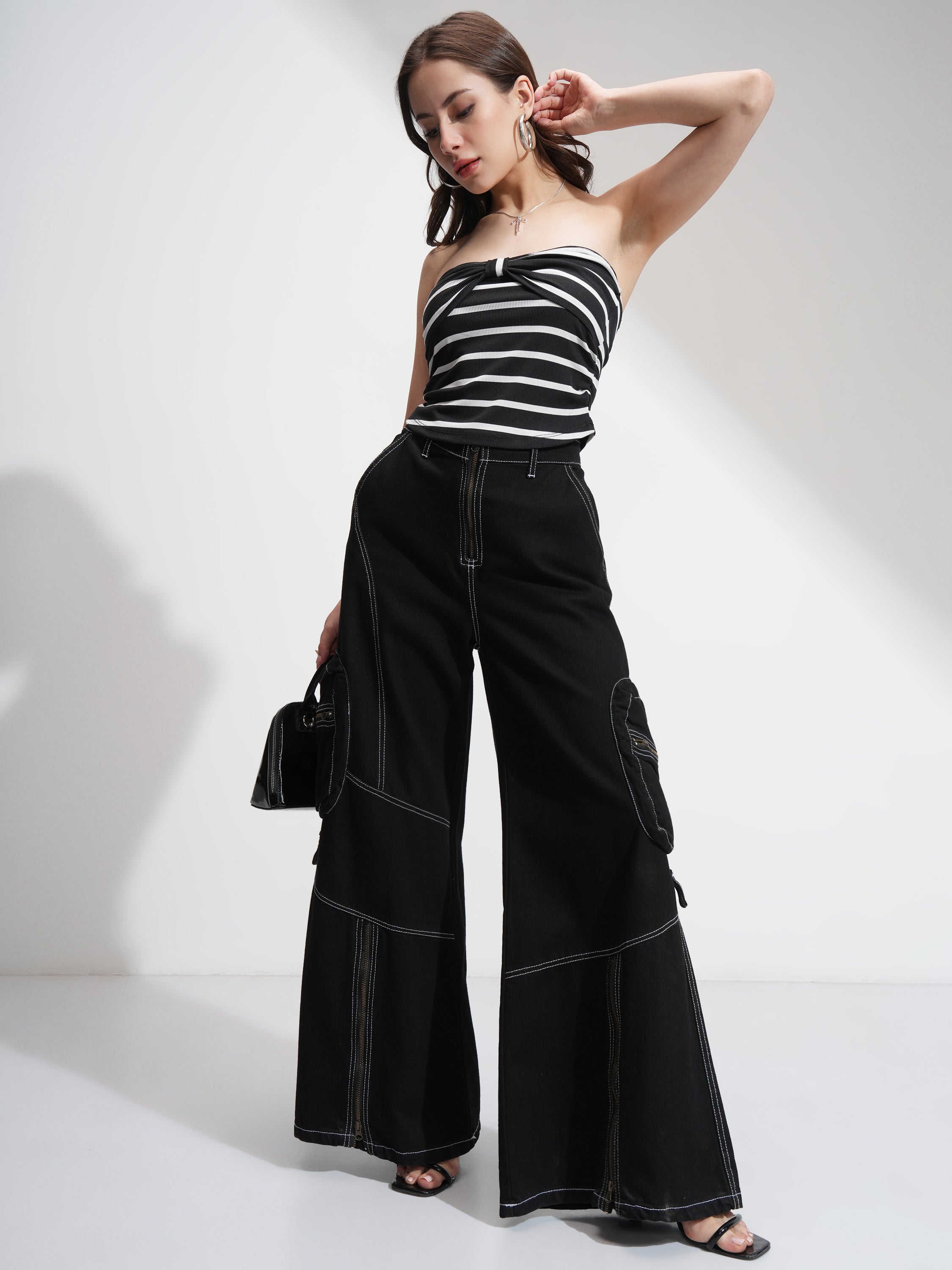 Tokyo Talkies Women Black Striped Regular Top - Black - Image 2