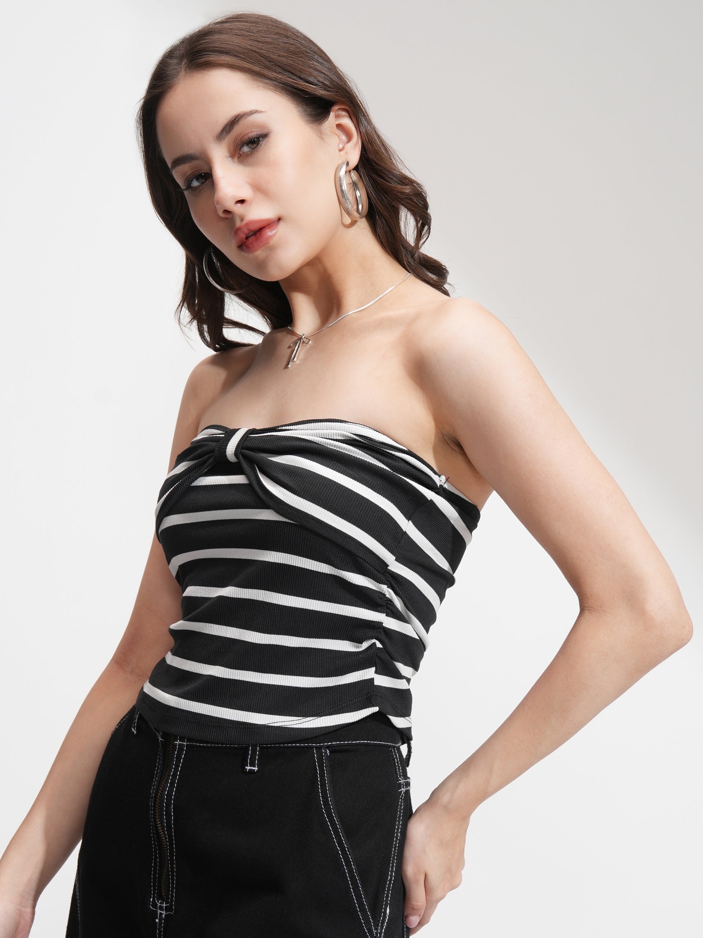 Tokyo Talkies Women Black Striped Regular Top - Black - Image 4