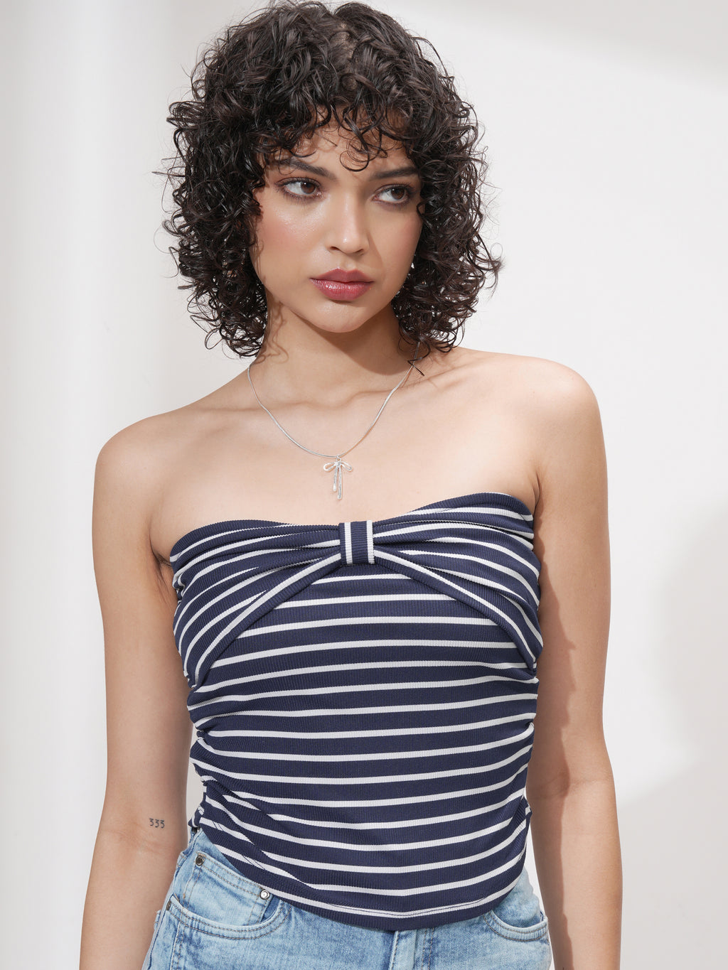 Tokyo Talkies Women Navy Blue Striped Fitted Top - Navy Blue - Image 1